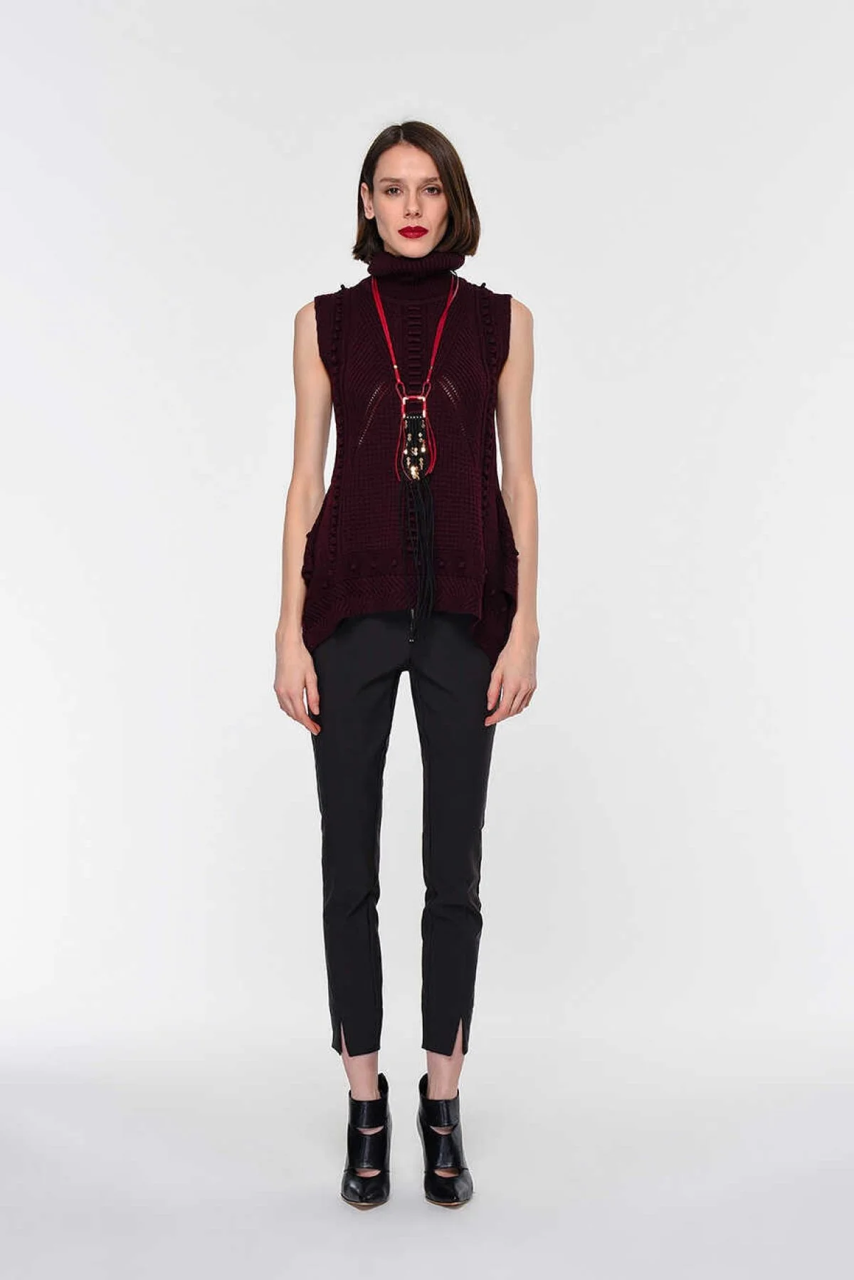  Boğazlı Desenli Triko Bordo - 1