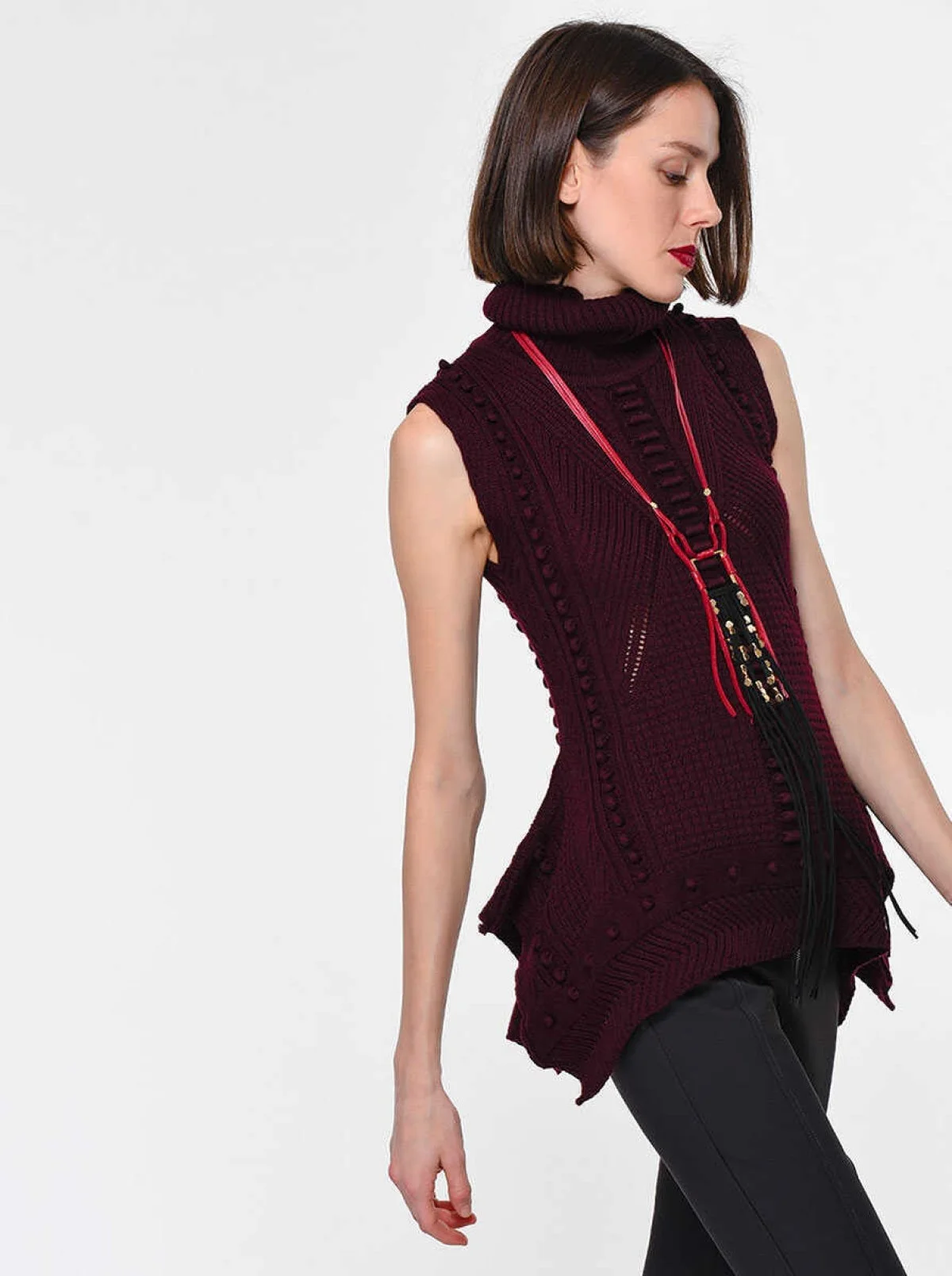  Boğazlı Desenli Triko Bordo - 3