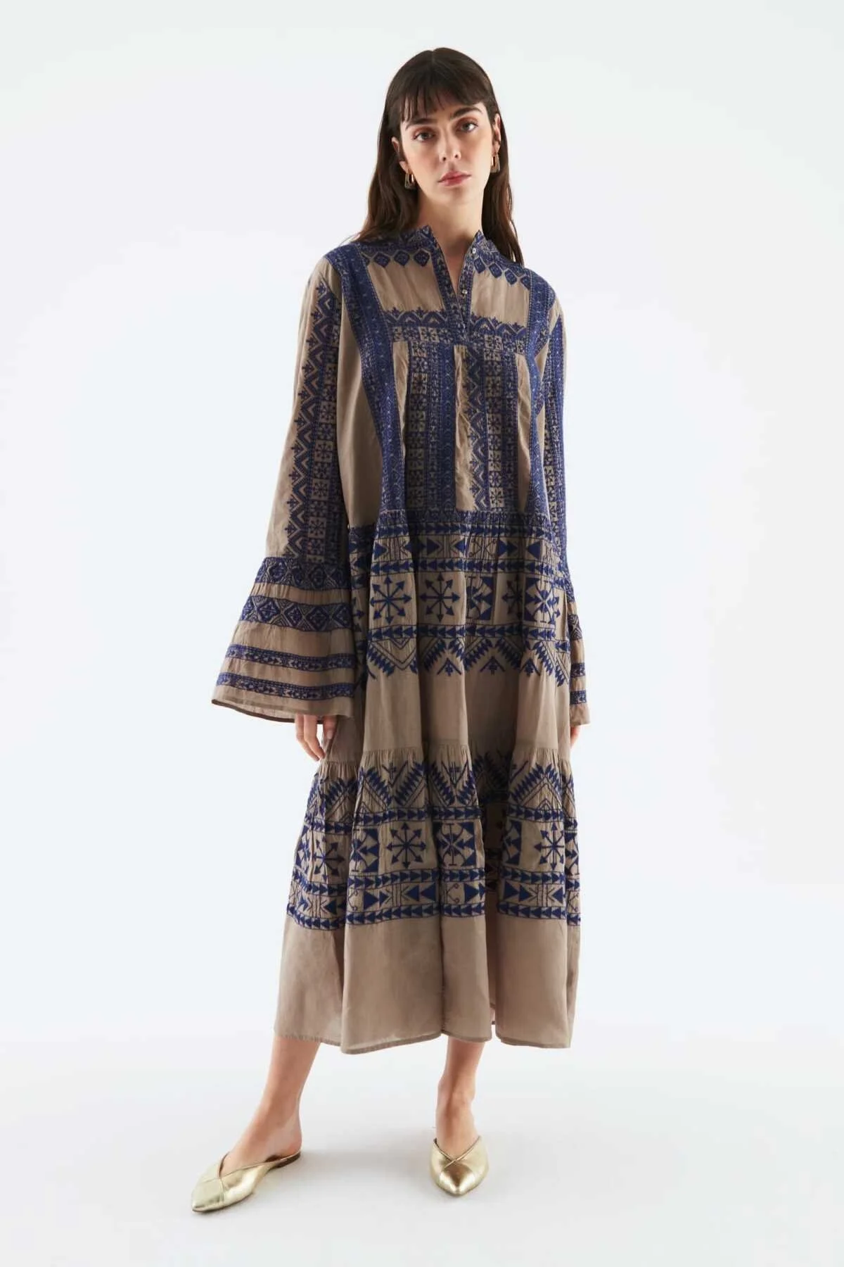 Bol Kesimli Desenli Uzun Elbise Standart Renk - 1