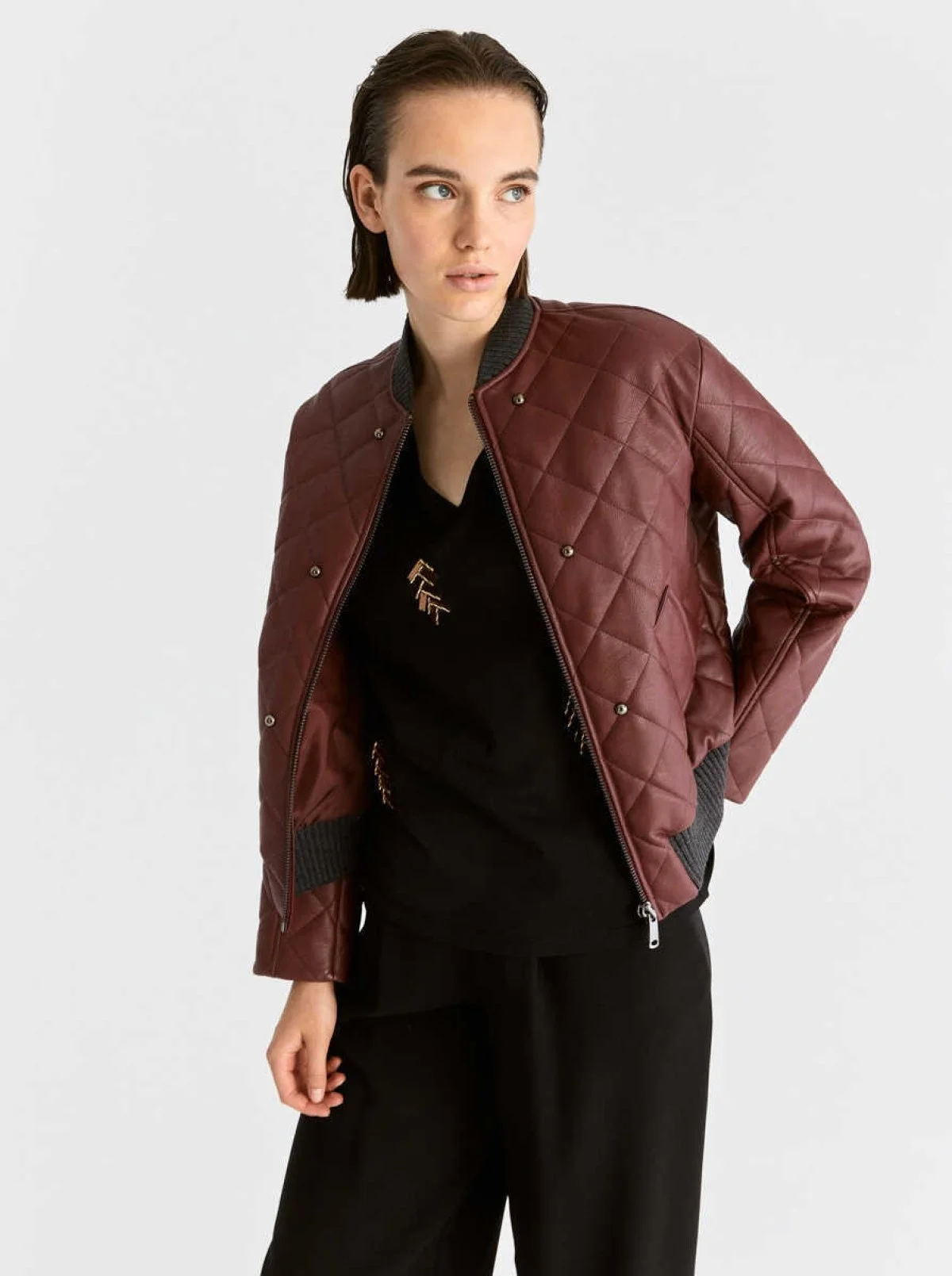  Bomber Metal Detaylı Kadın Ceket Bordo - 3