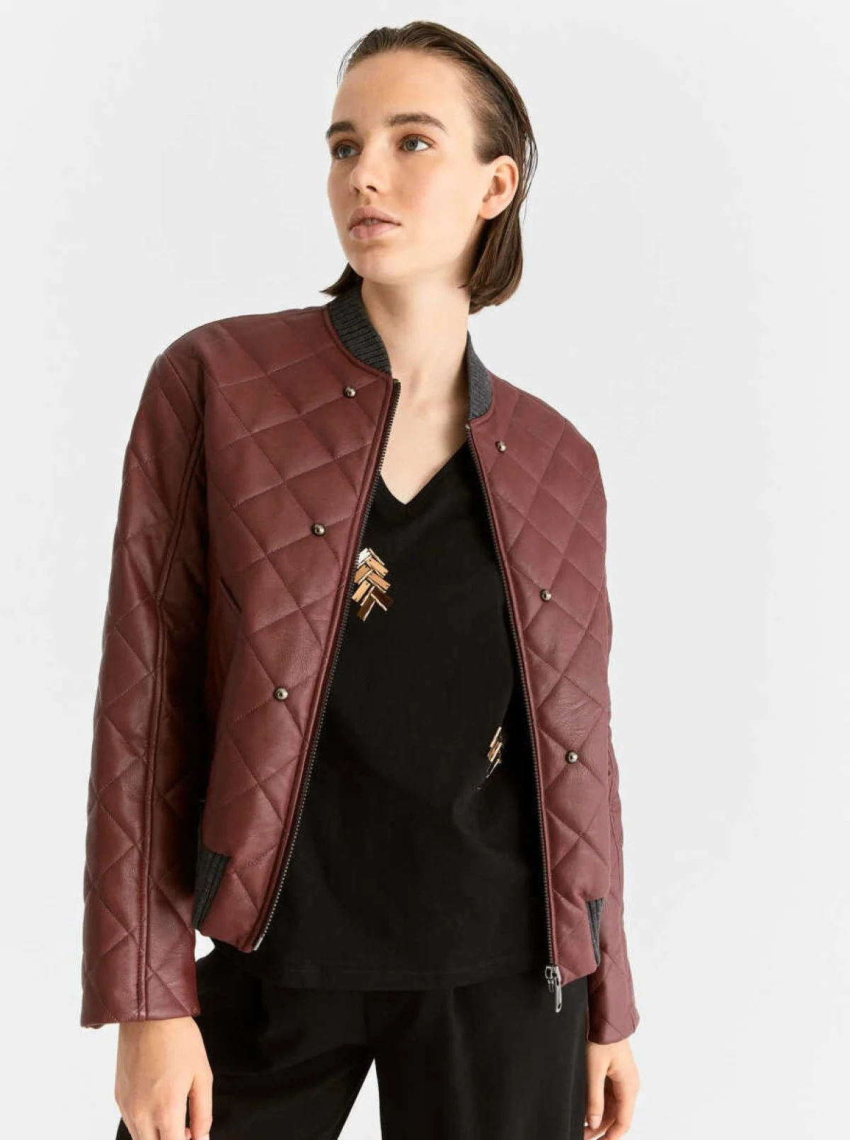  Bomber Metal Detaylı Kadın Ceket Bordo - 5
