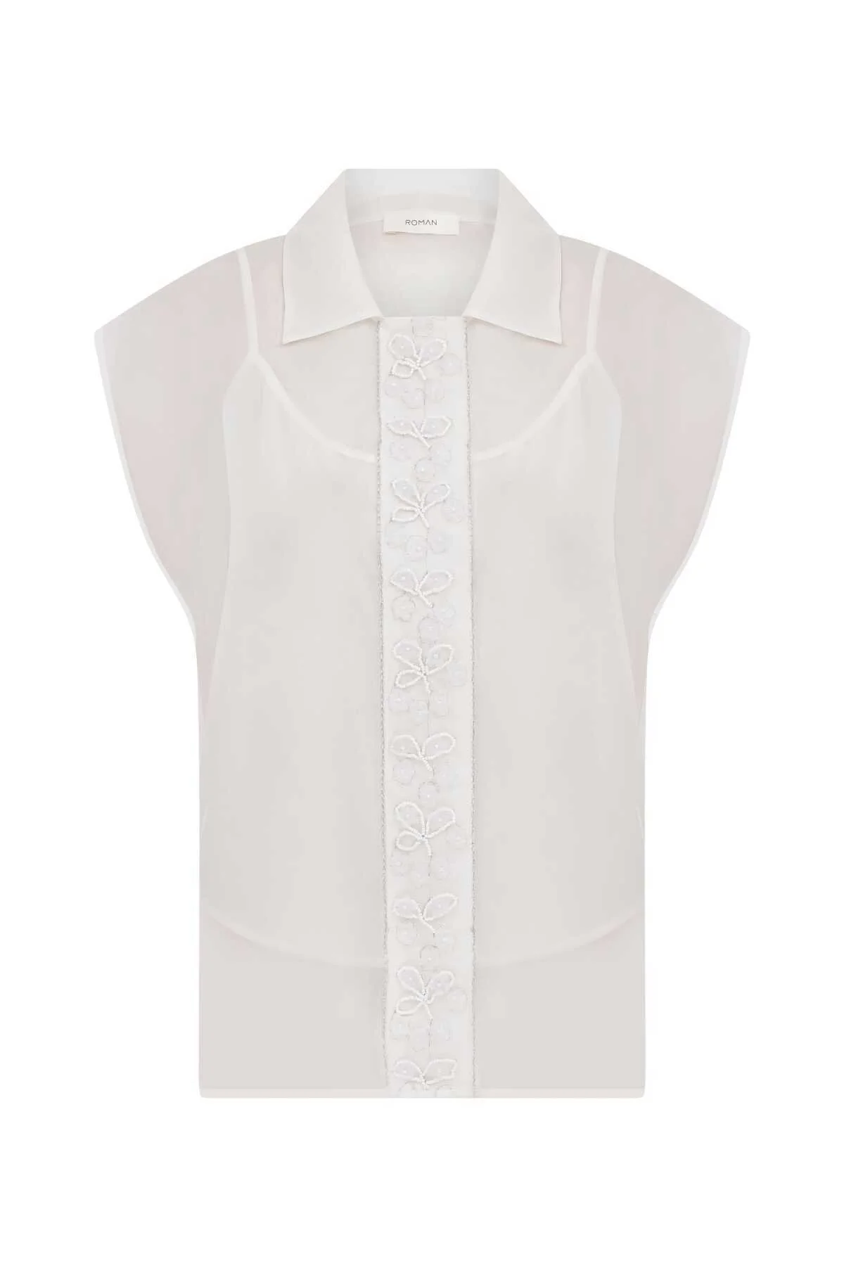  Boncuk İşlemeli Kolsuz Kadın Bluz Beyaz - 4