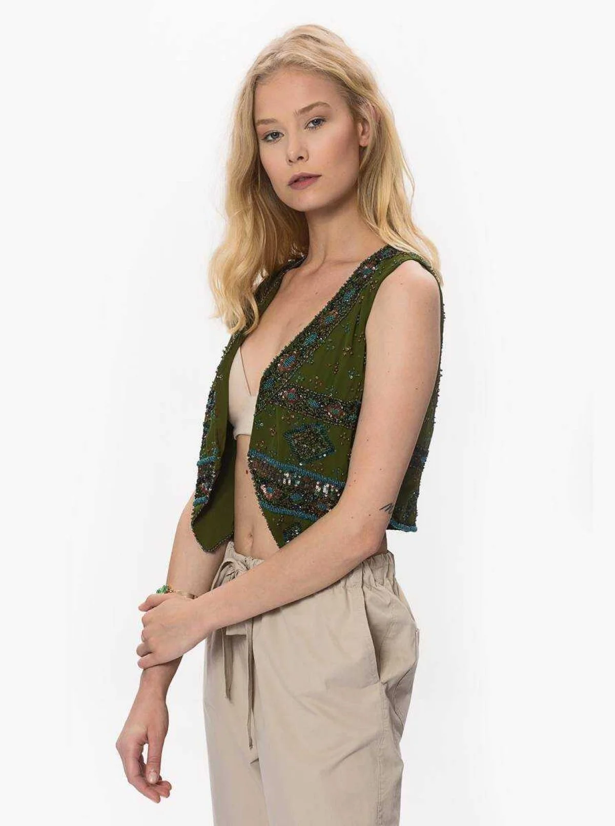 Boncuk İşlemeli Yelek Yeşil - 3