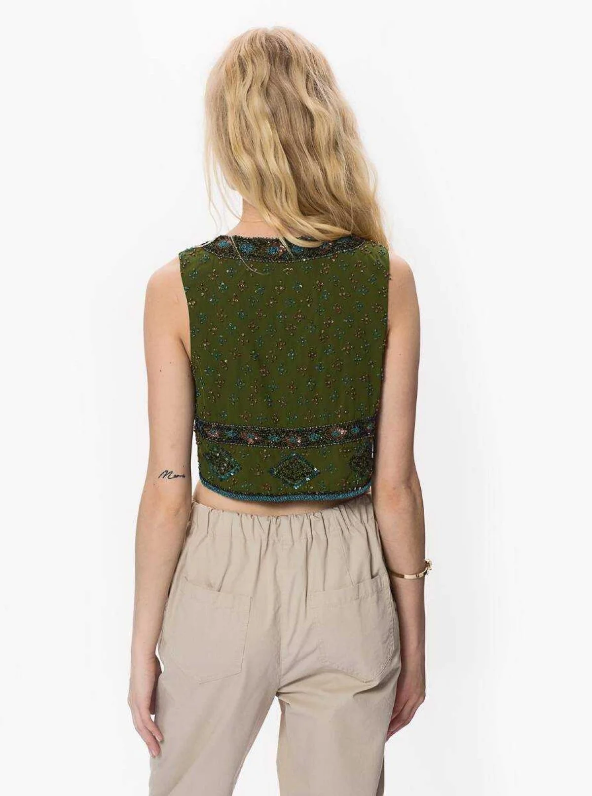 Boncuk İşlemeli Yelek Yeşil - 2