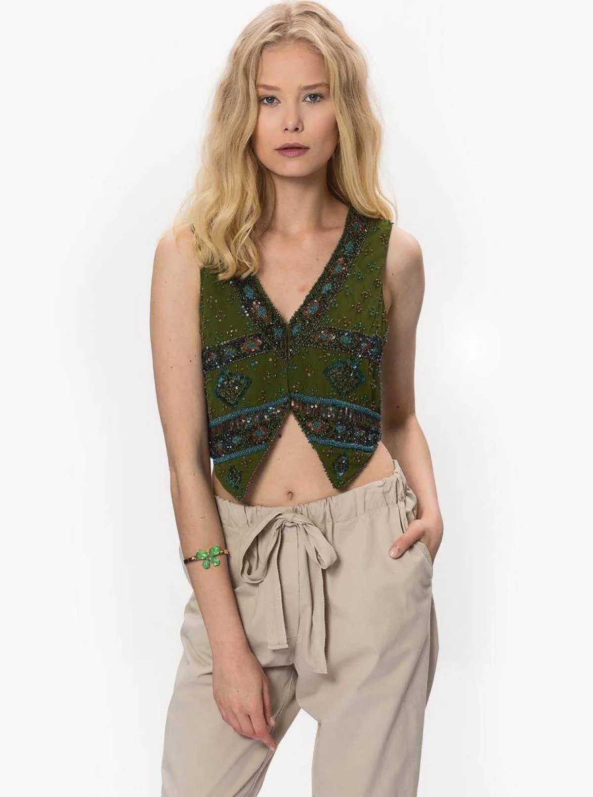 Boncuk İşlemeli Yelek Yeşil - 1