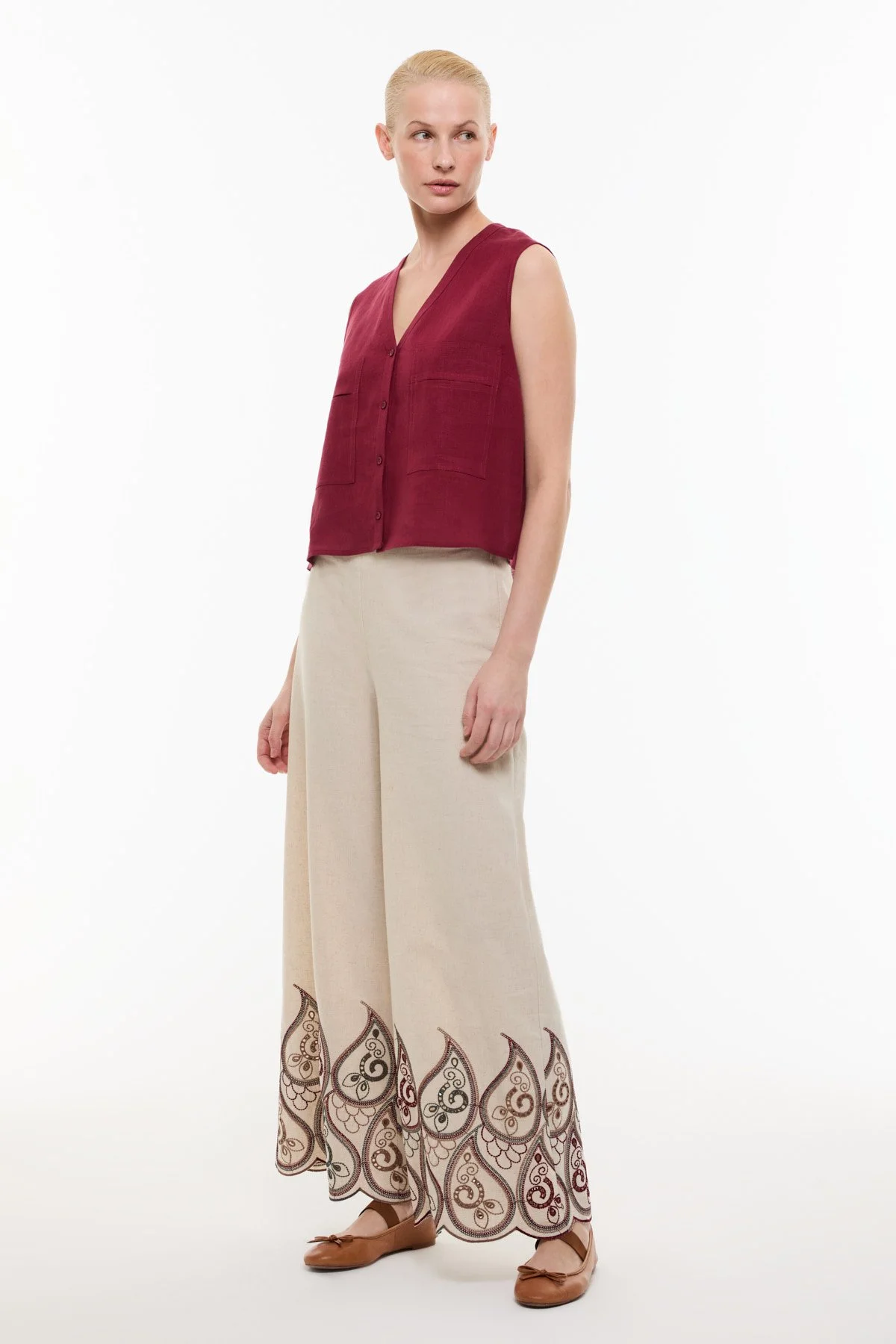 Çift Cepli Keten Gömlek Bordo - 3