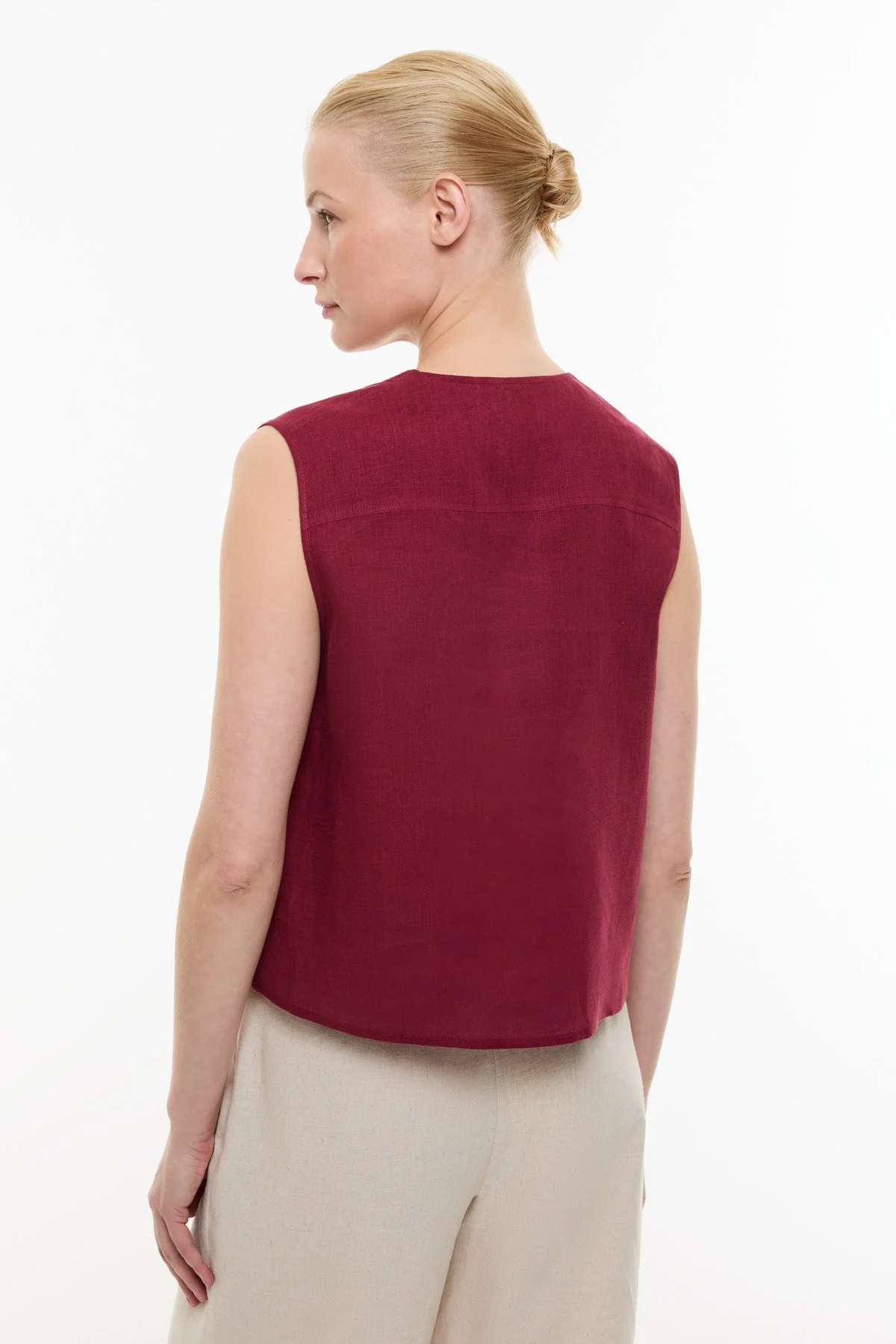 Çift Cepli Keten Gömlek Bordo - 2