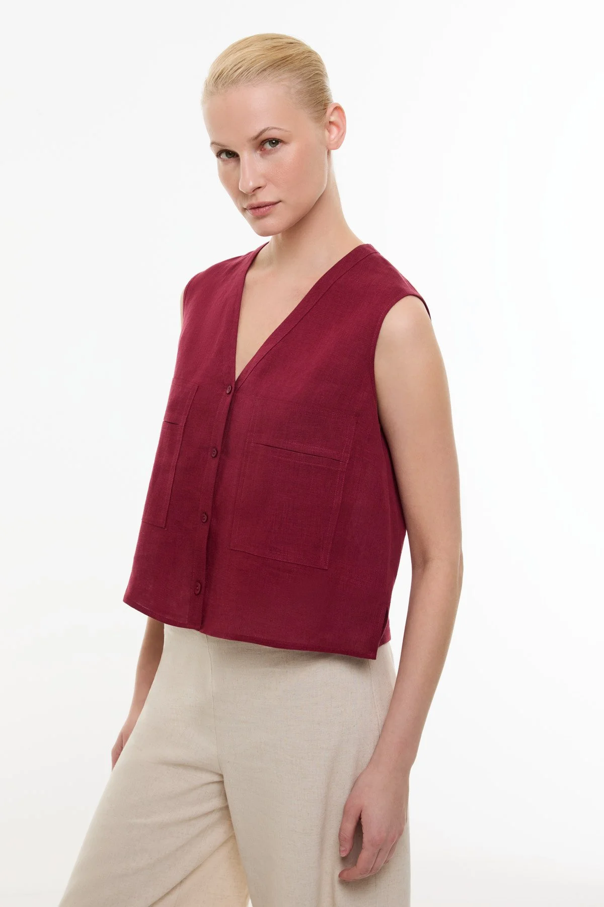 Çift Cepli Keten Gömlek Bordo - 4