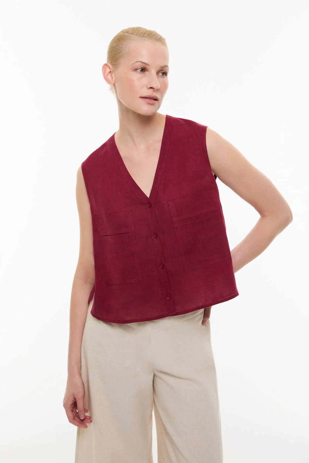 Çift Cepli Keten Gömlek Bordo - 1