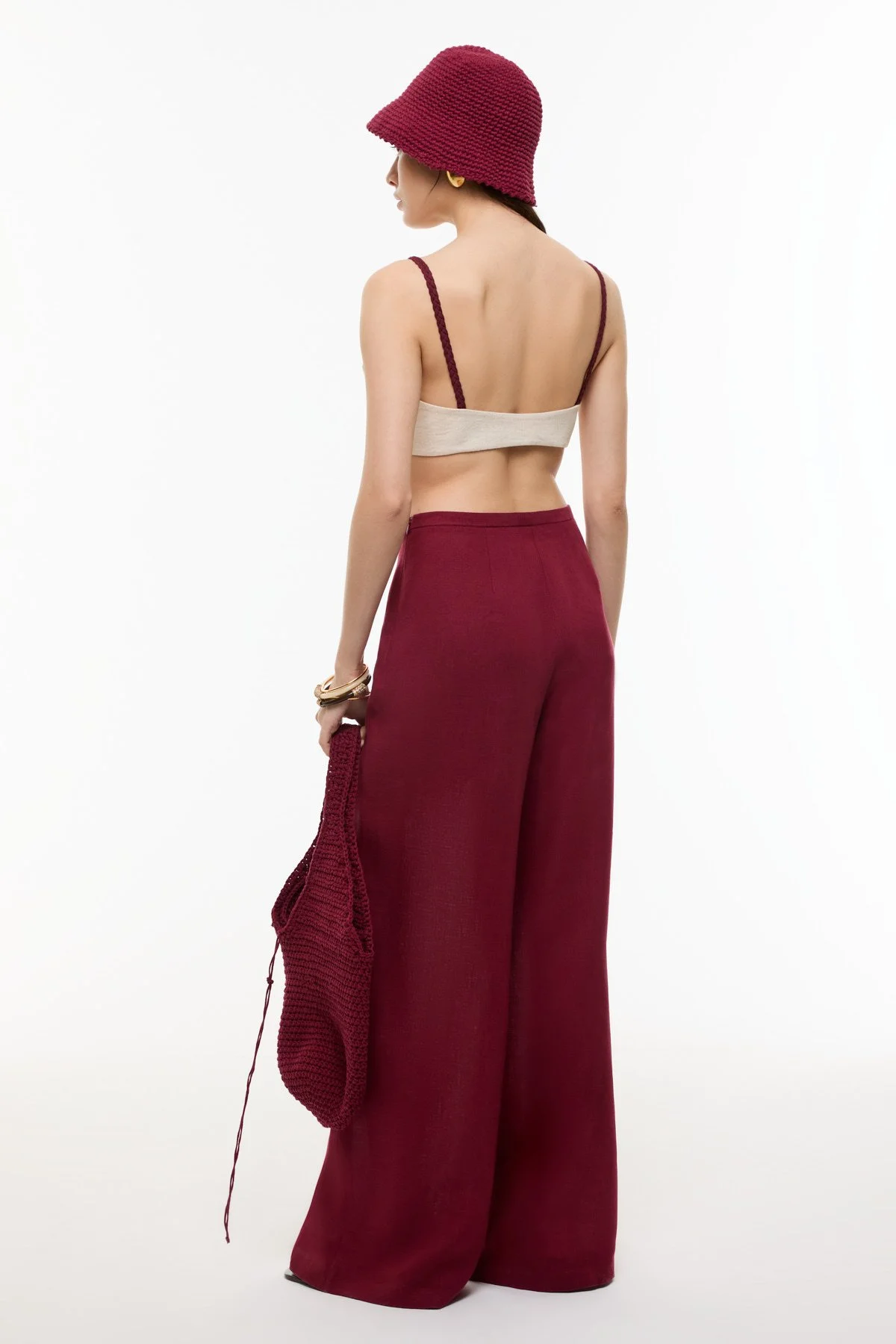 Geniş Paça Keten Pantolon Bordo - 2