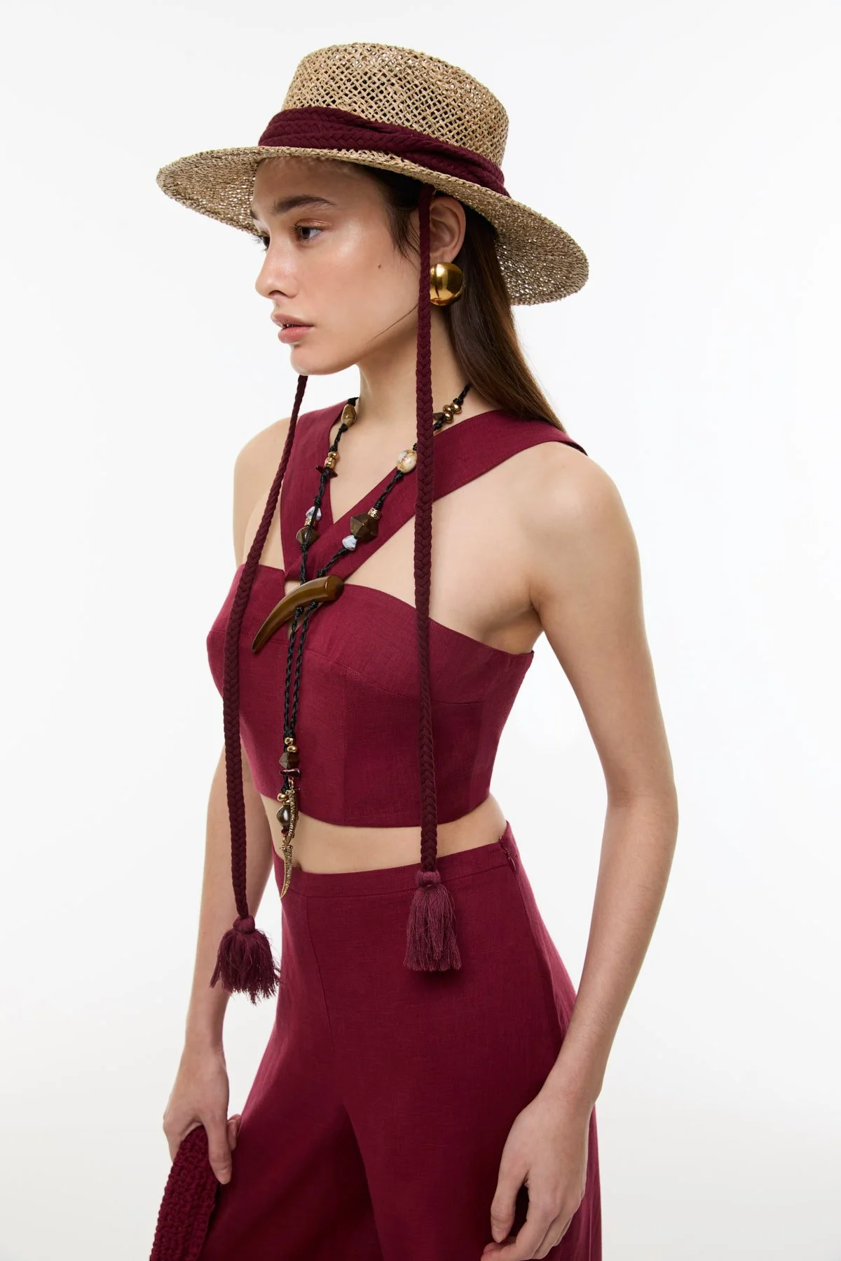 Bordo Bağcıklı Şapka Naturel - 2