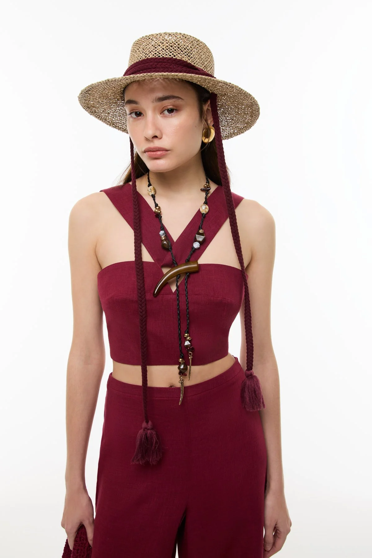 Bordo Bağcıklı Şapka Naturel - 1