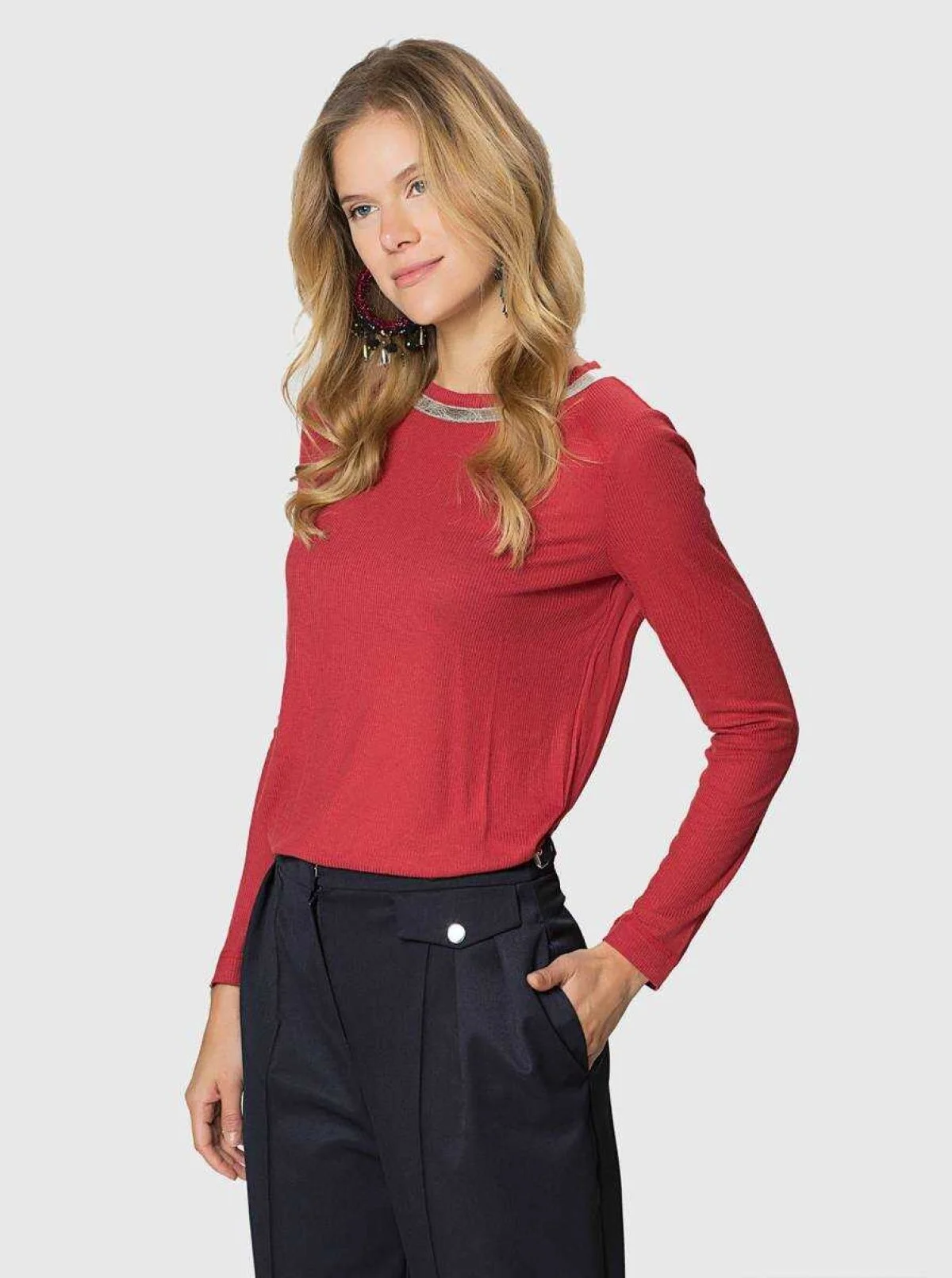  Boyun Şerit Detaylı Kiremit Bluz Kiremit - 1