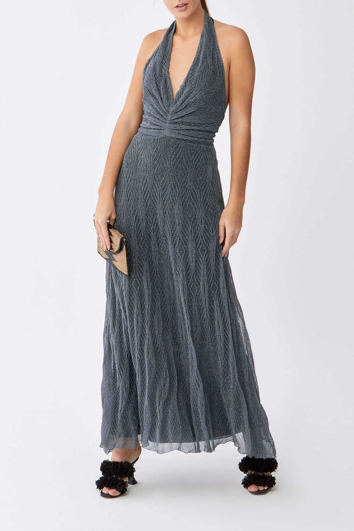 Boyundan Askılı Önü Büzgülü Triko Uzun Elbise Antrasit - 1