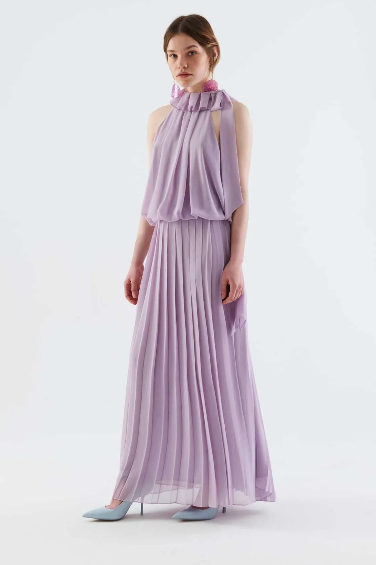 Boyundan Bağlamalı Abiye Elbise Lila - 1