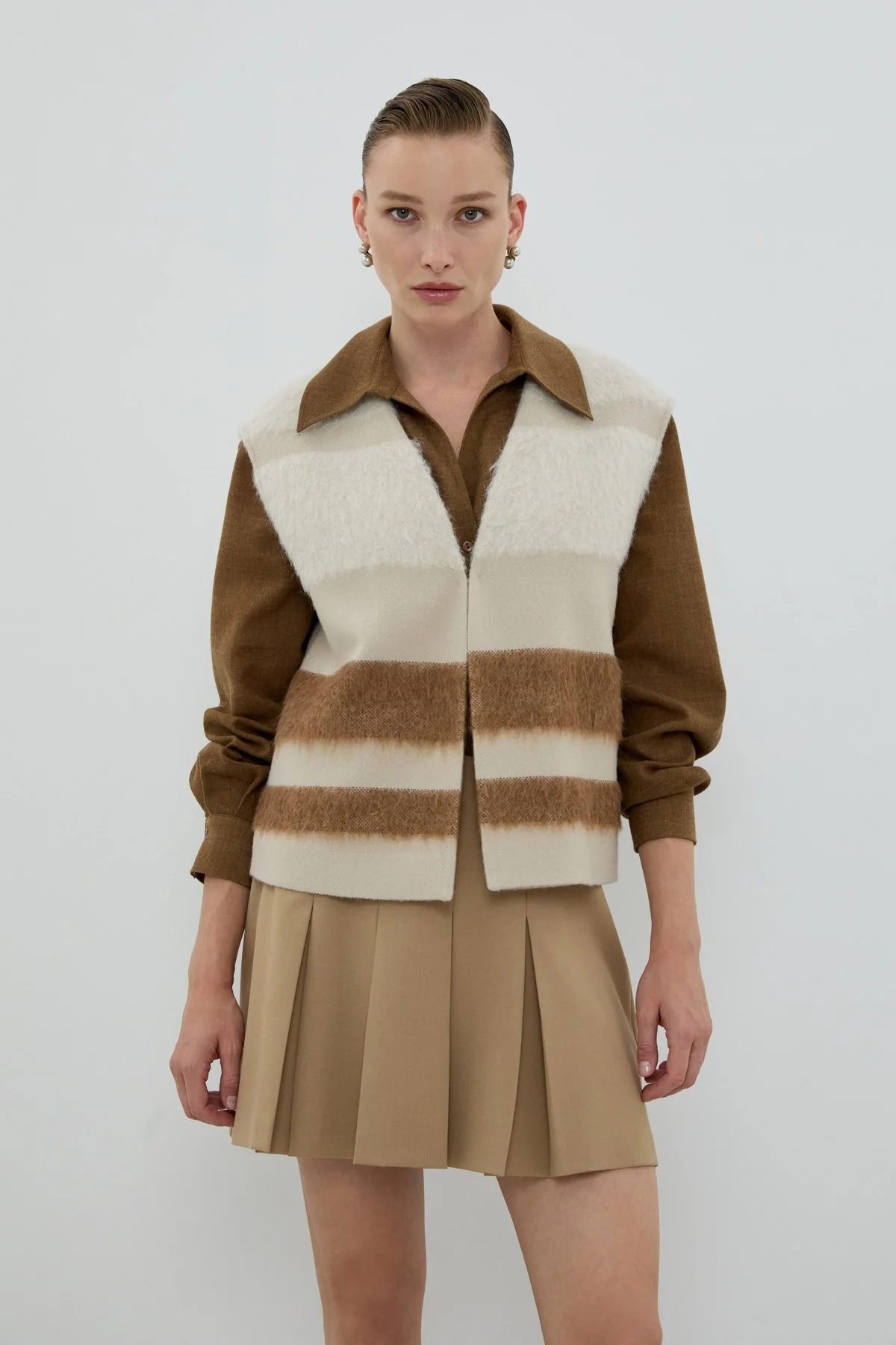 Yün ve Kaşmir Karışımlı V Yaka Yelek Camel - Bej - 1