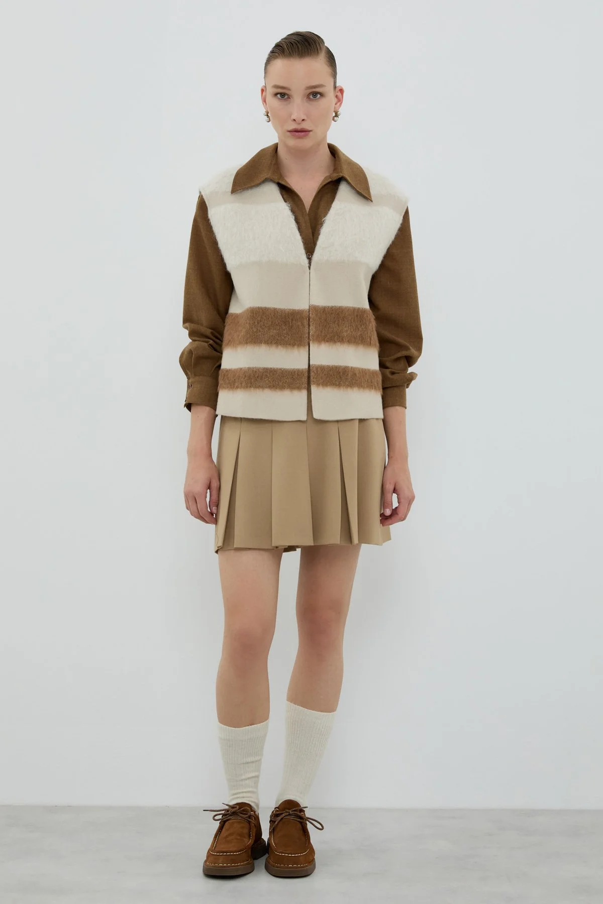 Yün ve Kaşmir Karışımlı V Yaka Yelek Camel - Bej - 3