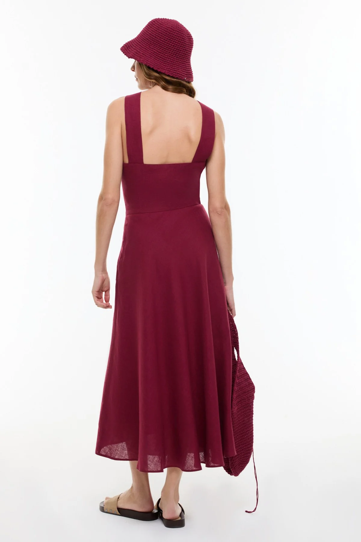 Çapraz Bantlı Midi Boy Keten Elbise Bordo - 2