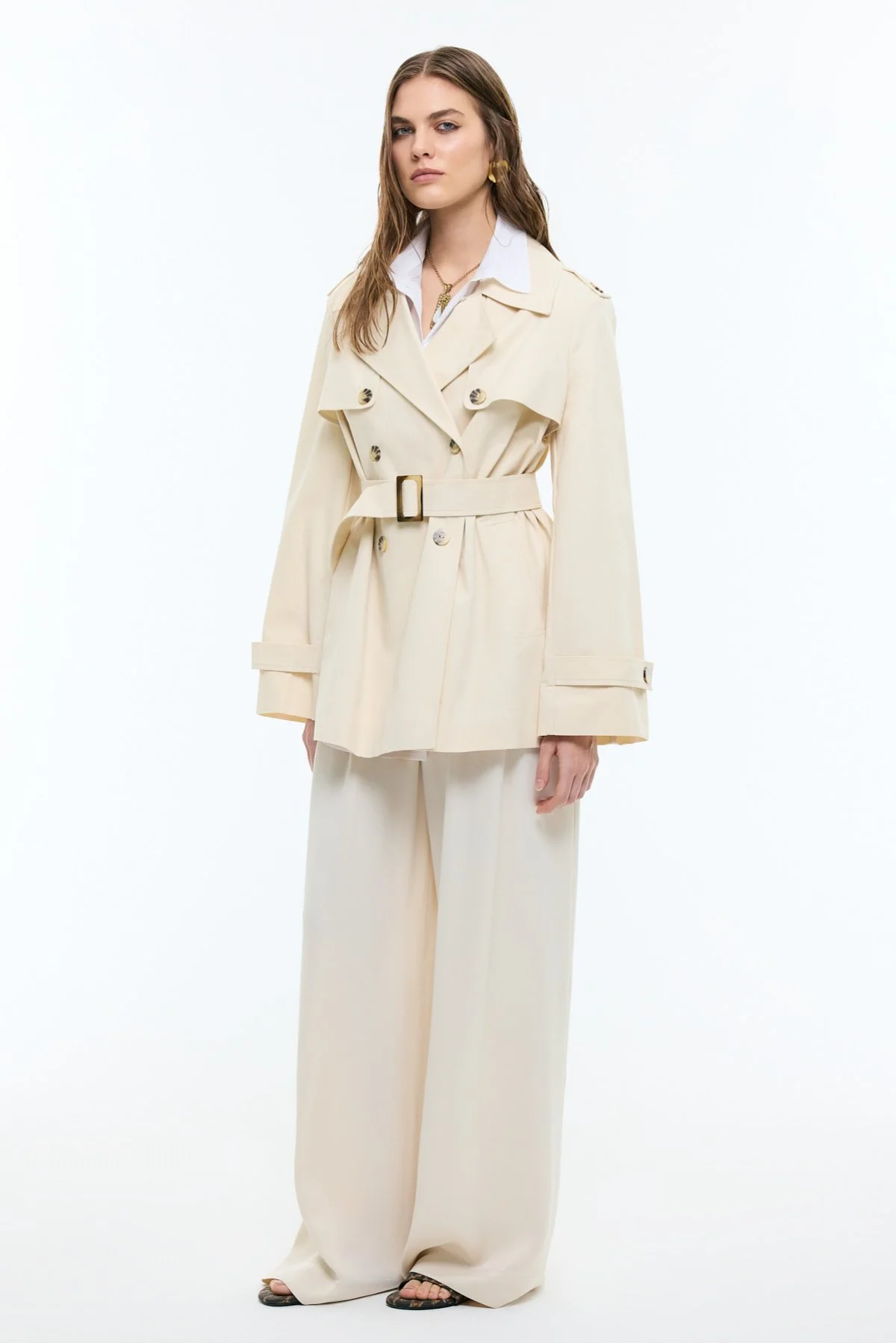 Ceket Yaka Kruvaze Beli Kemerli Trençkot Bej - 4