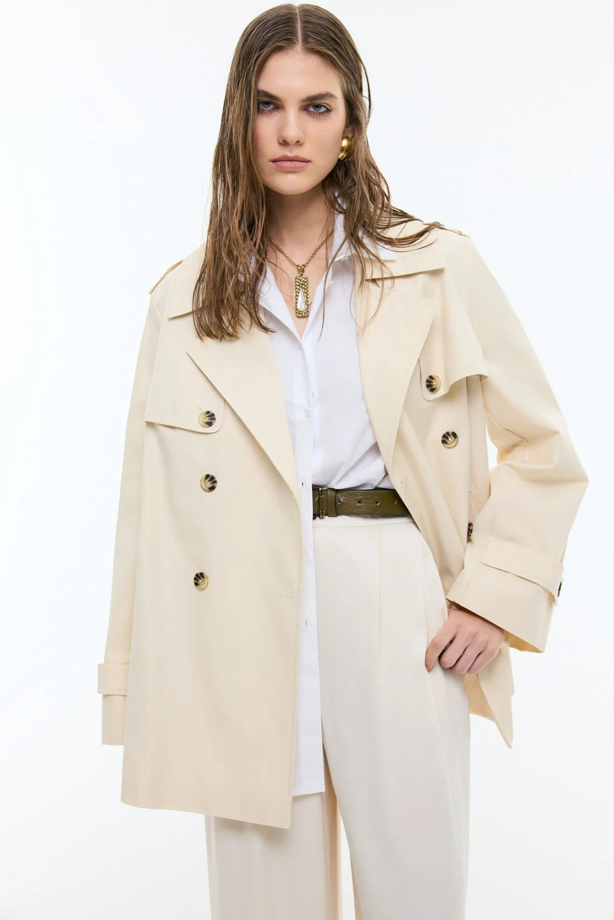 Ceket Yaka Kruvaze Beli Kemerli Trençkot Bej - 1