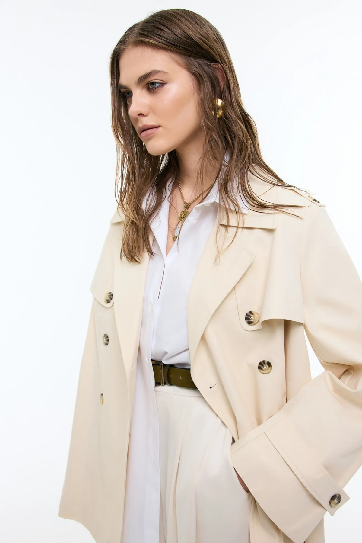 Ceket Yaka Kruvaze Beli Kemerli Trençkot Bej - 5