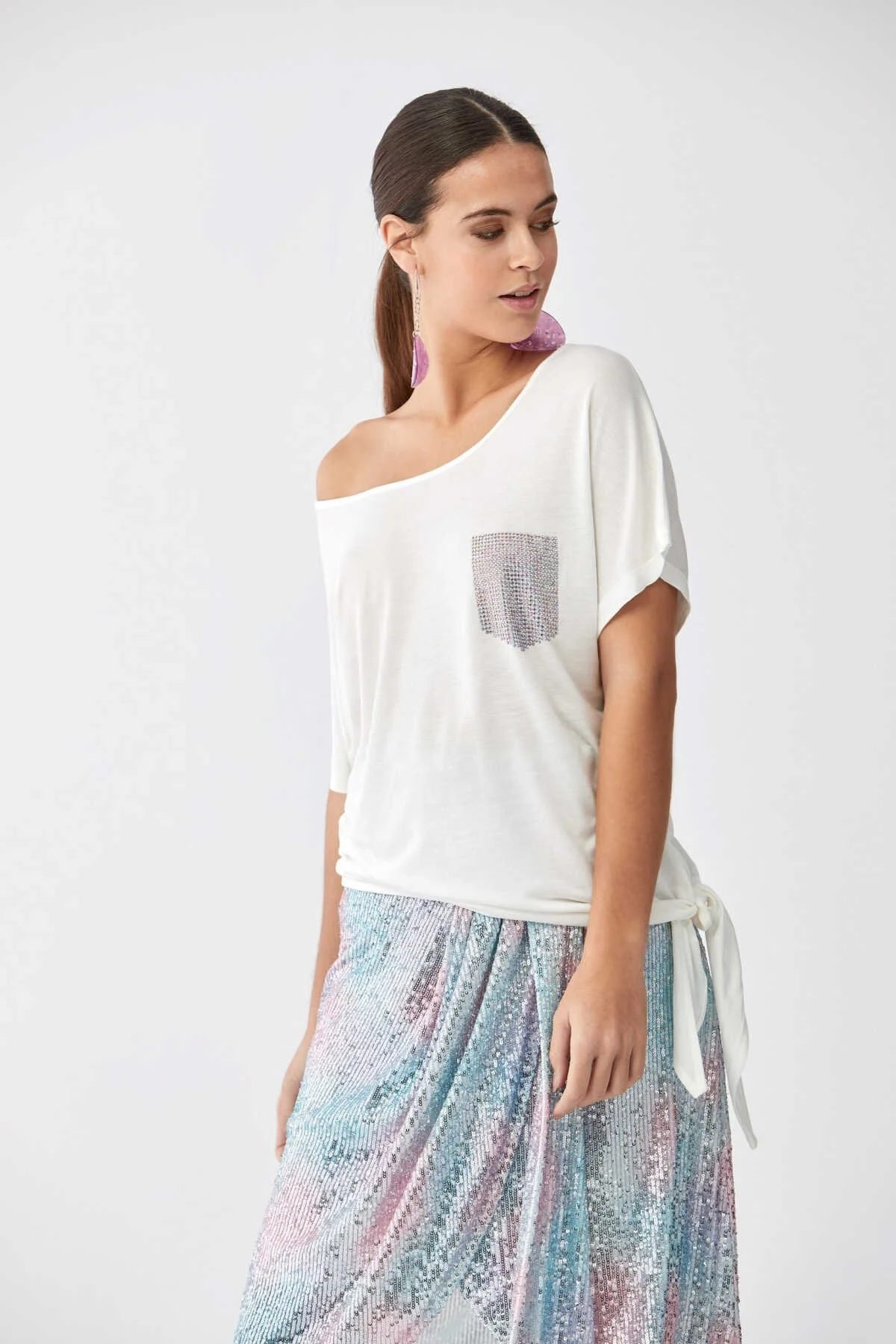 Cep Baskılı Kadın T-Shirt Ekru - 3