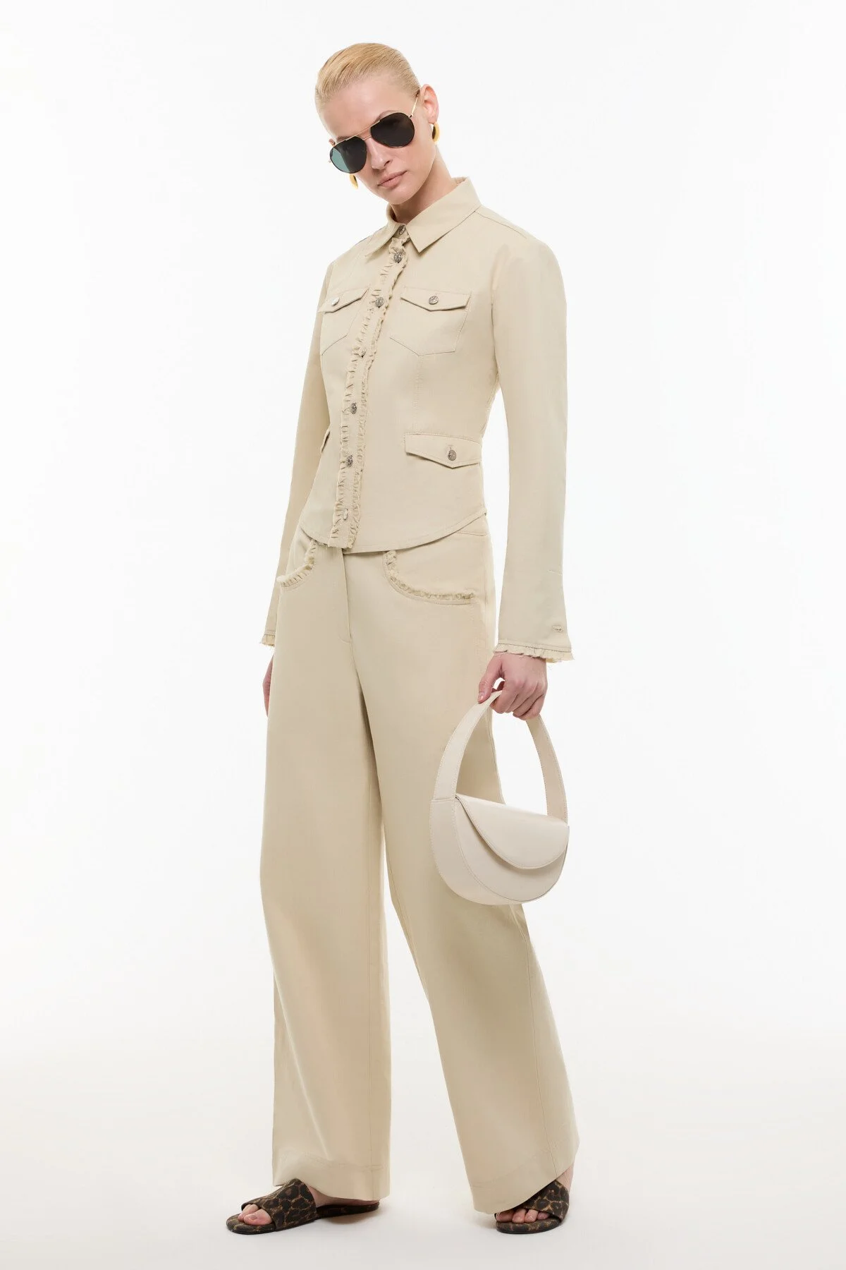 Cep Detaylı Geniş Paça Pantolon Bej - 3