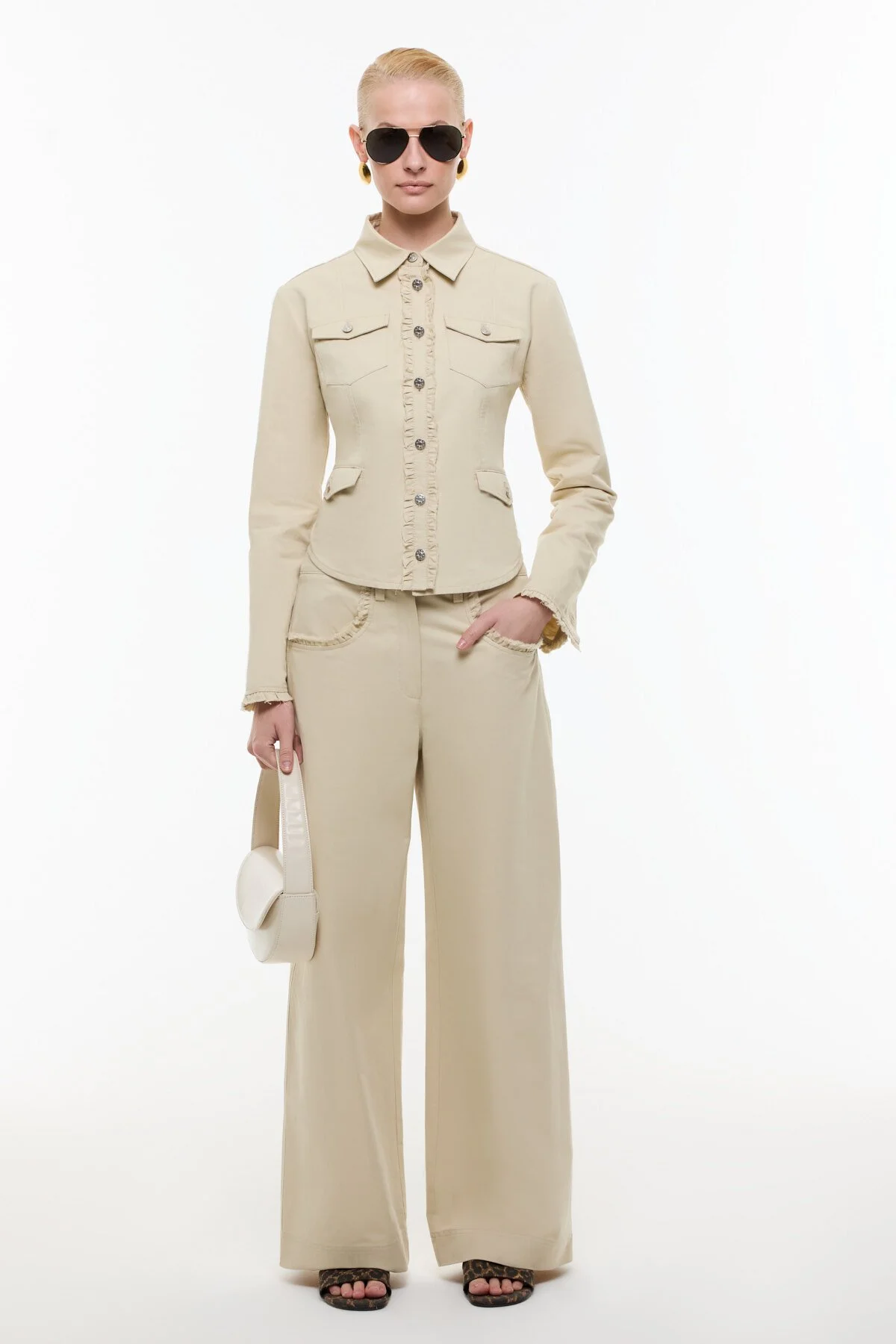 Cep Detaylı Geniş Paça Pantolon Bej - 1