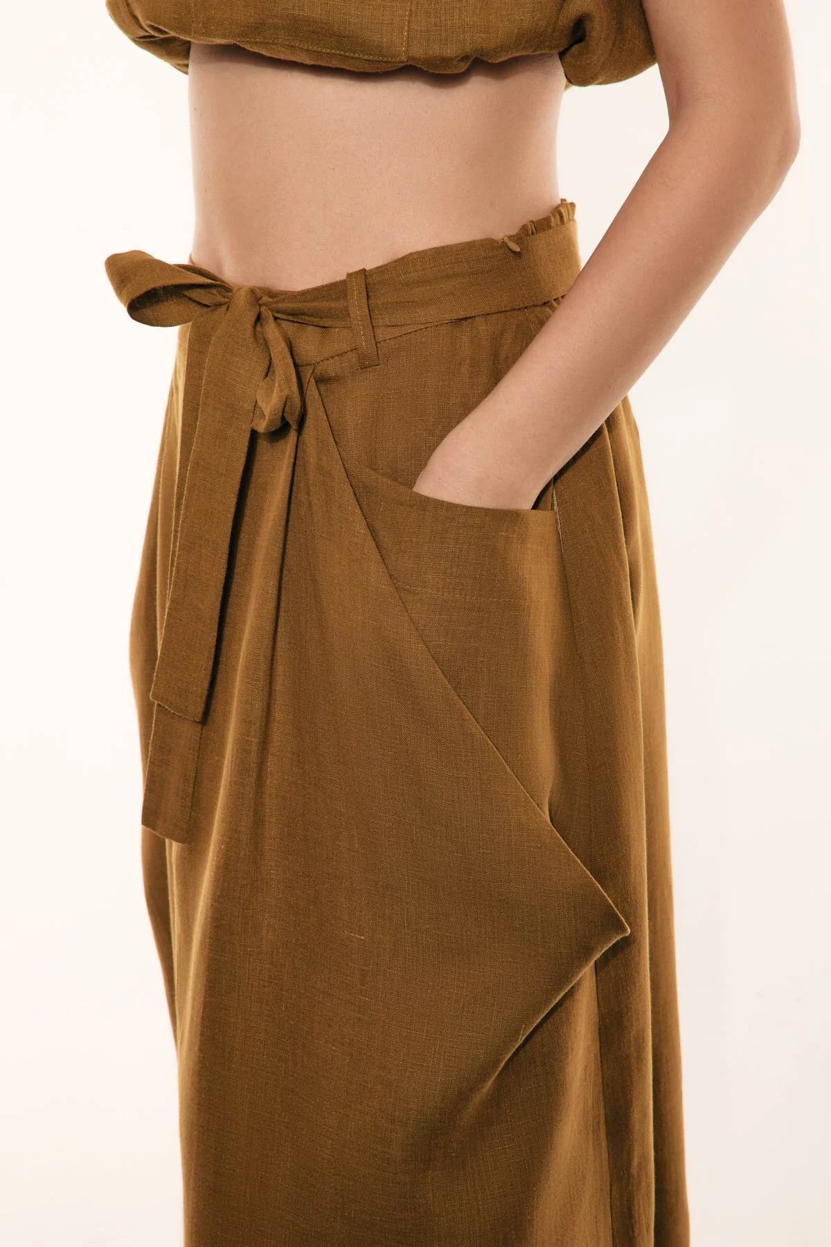 Cep Detaylı Keten Etek Olive - 3