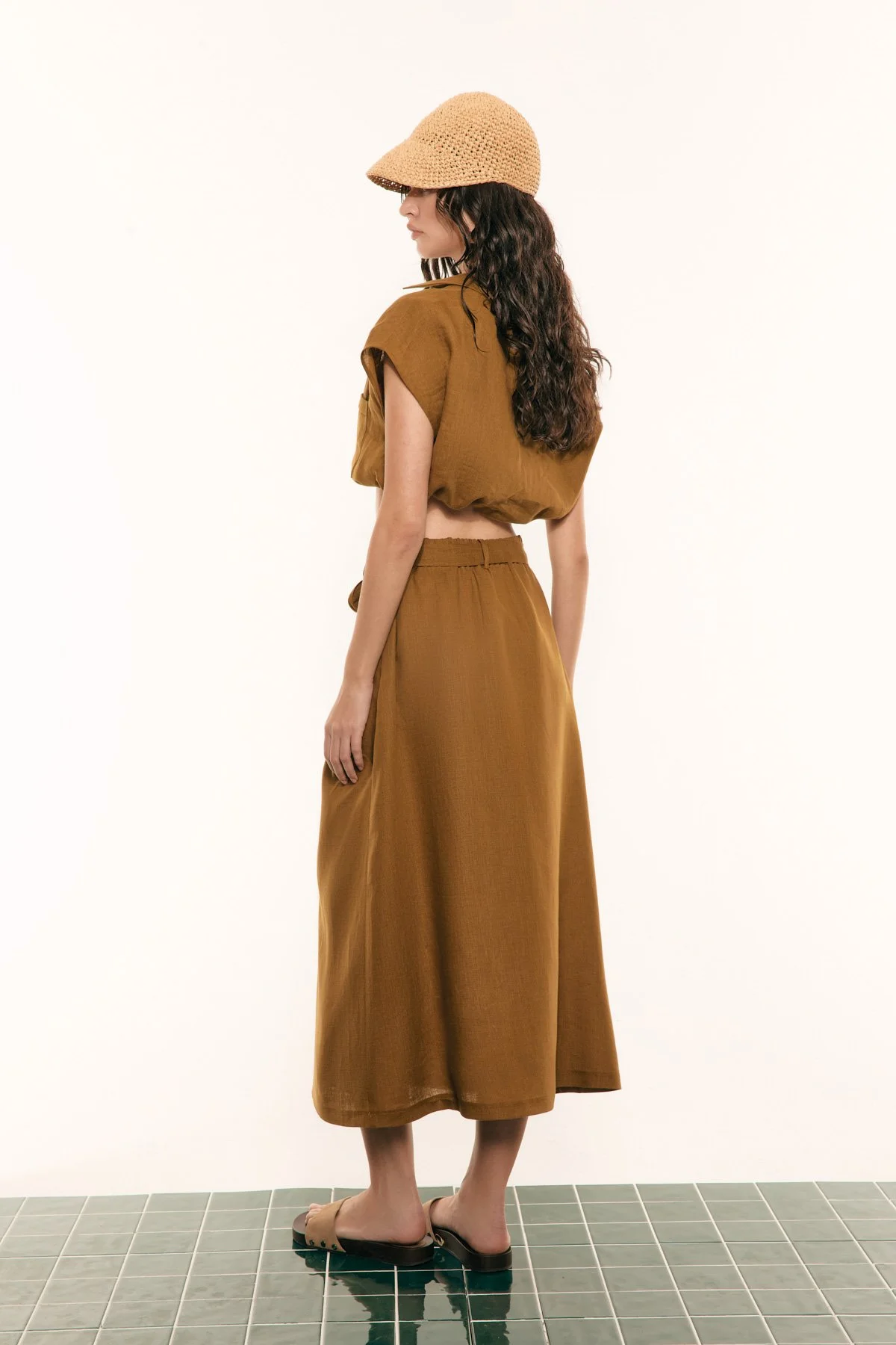 Cep Detaylı Keten Etek Olive - 2
