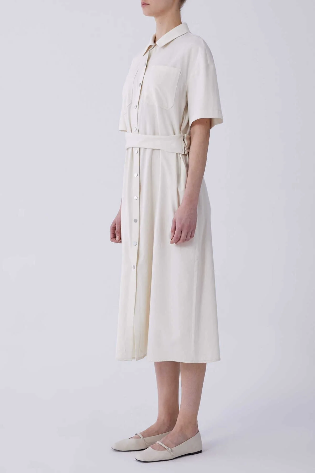 Cep Detaylı Midi Boy Elbise Kemik - 3