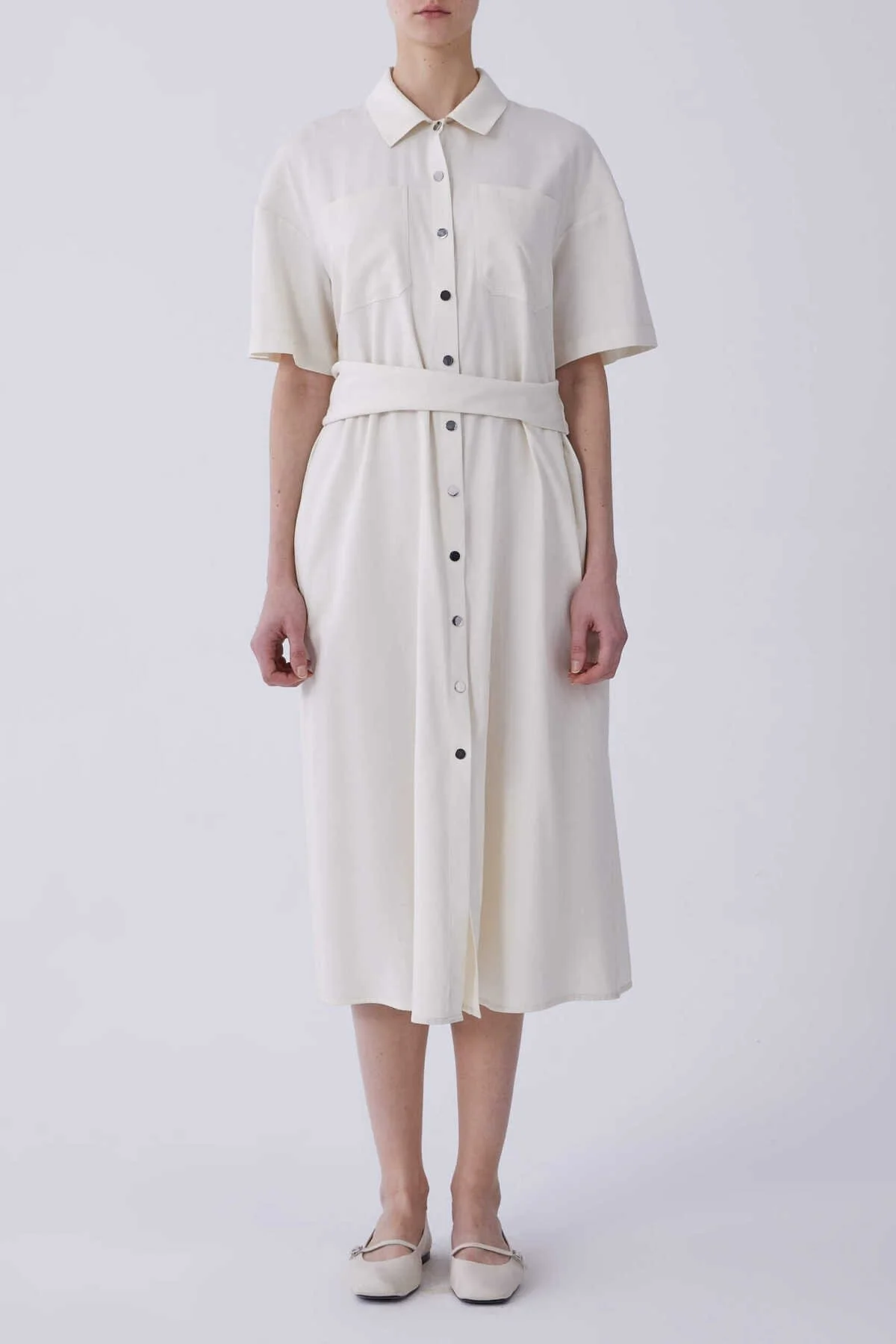 Cep Detaylı Midi Boy Elbise Kemik - 1