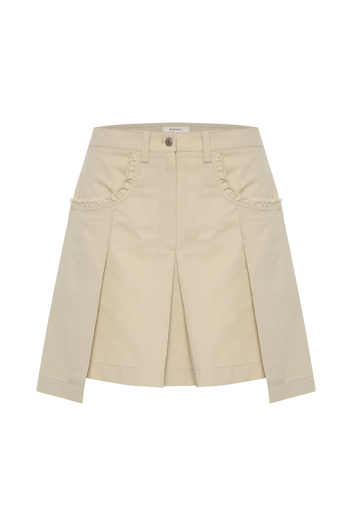 Cep Detaylı Pileli Mini Etek Bej - 5