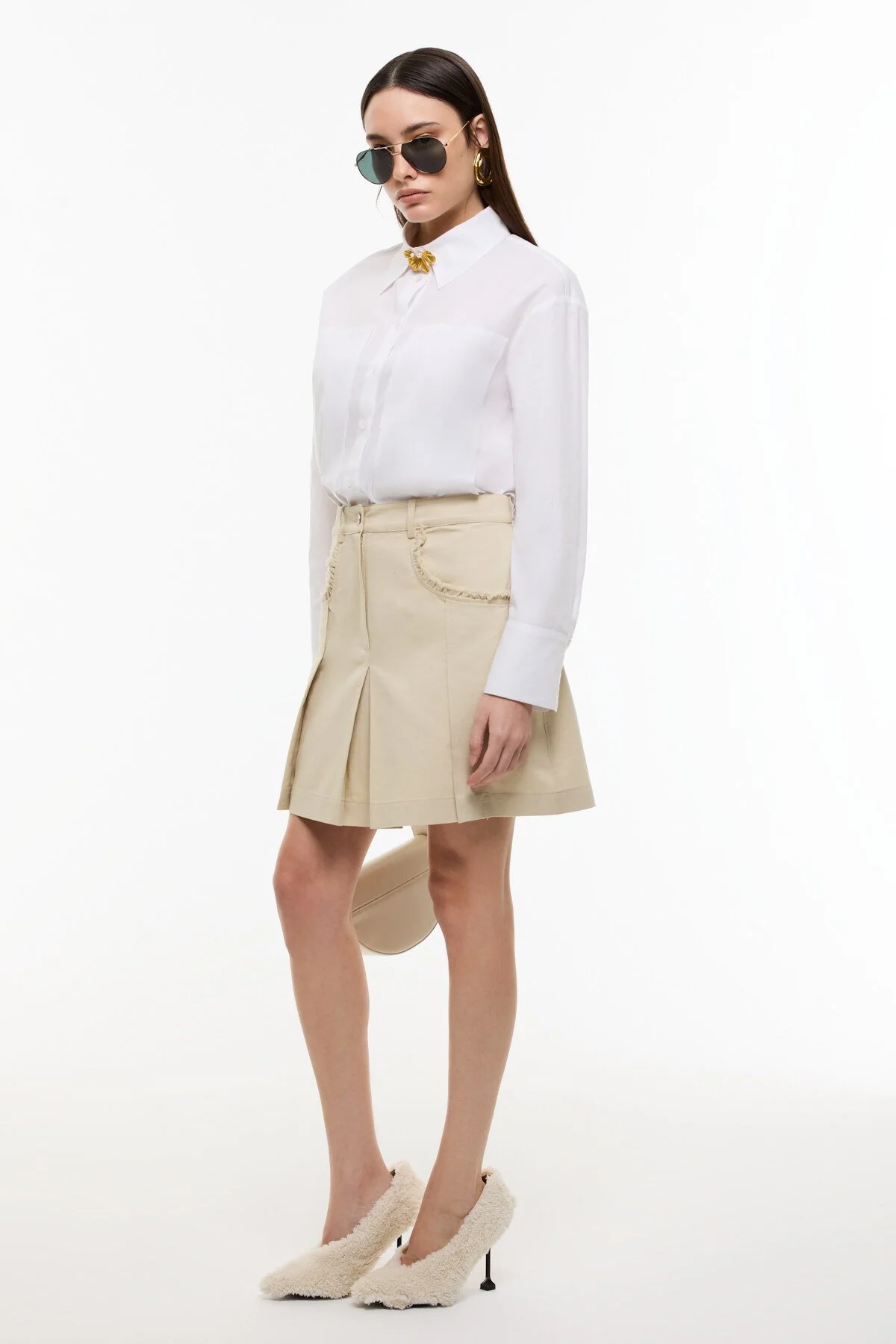 Cep Detaylı Pileli Mini Etek Bej - 4