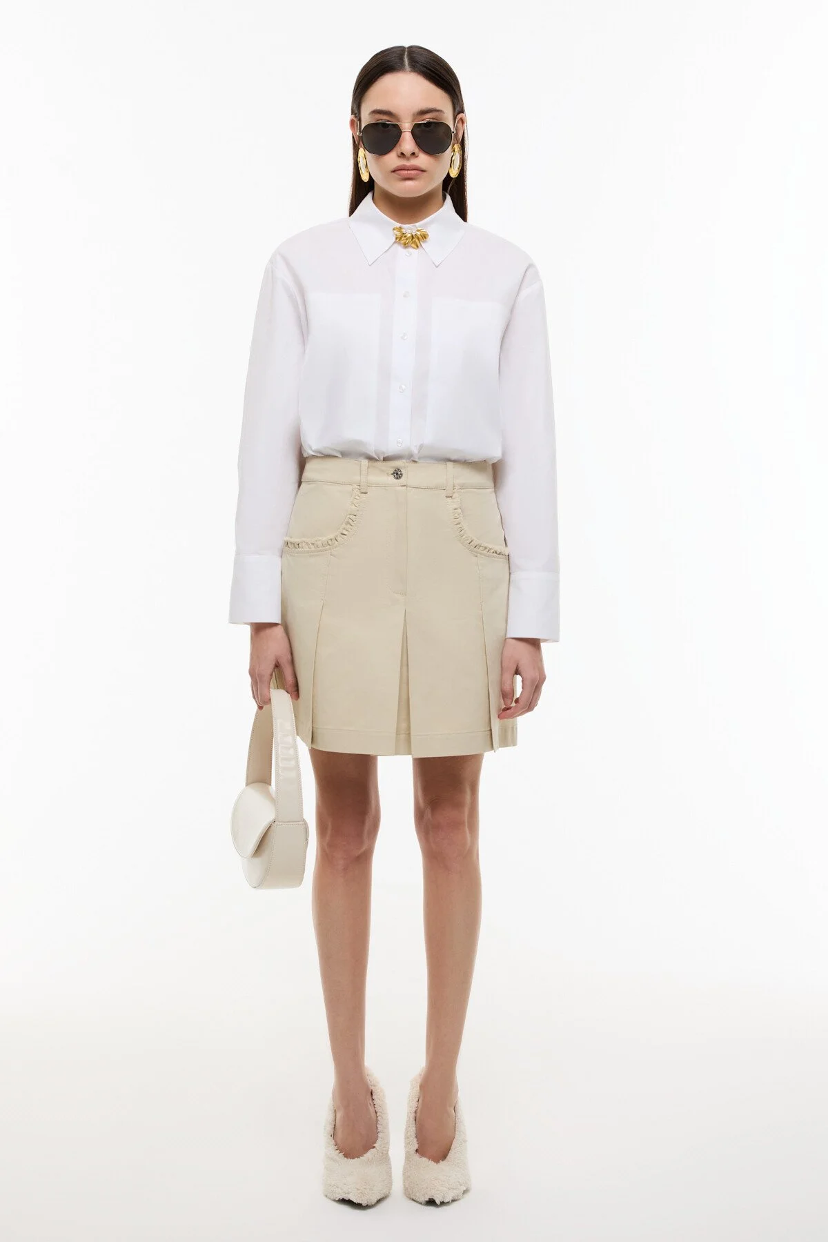 Cep Detaylı Pileli Mini Etek Bej - 1