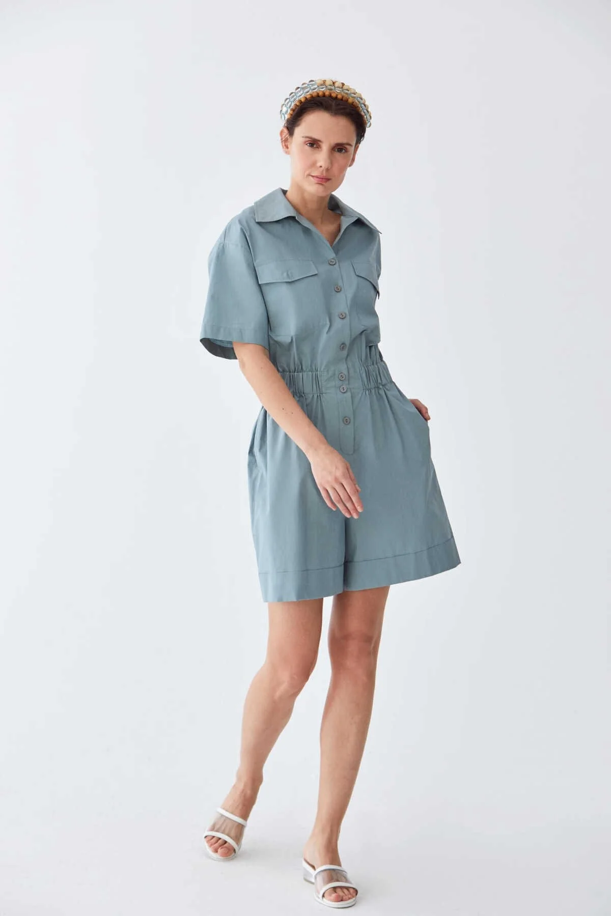 Cep Detaylı Tulum Gri - Mavi - 1