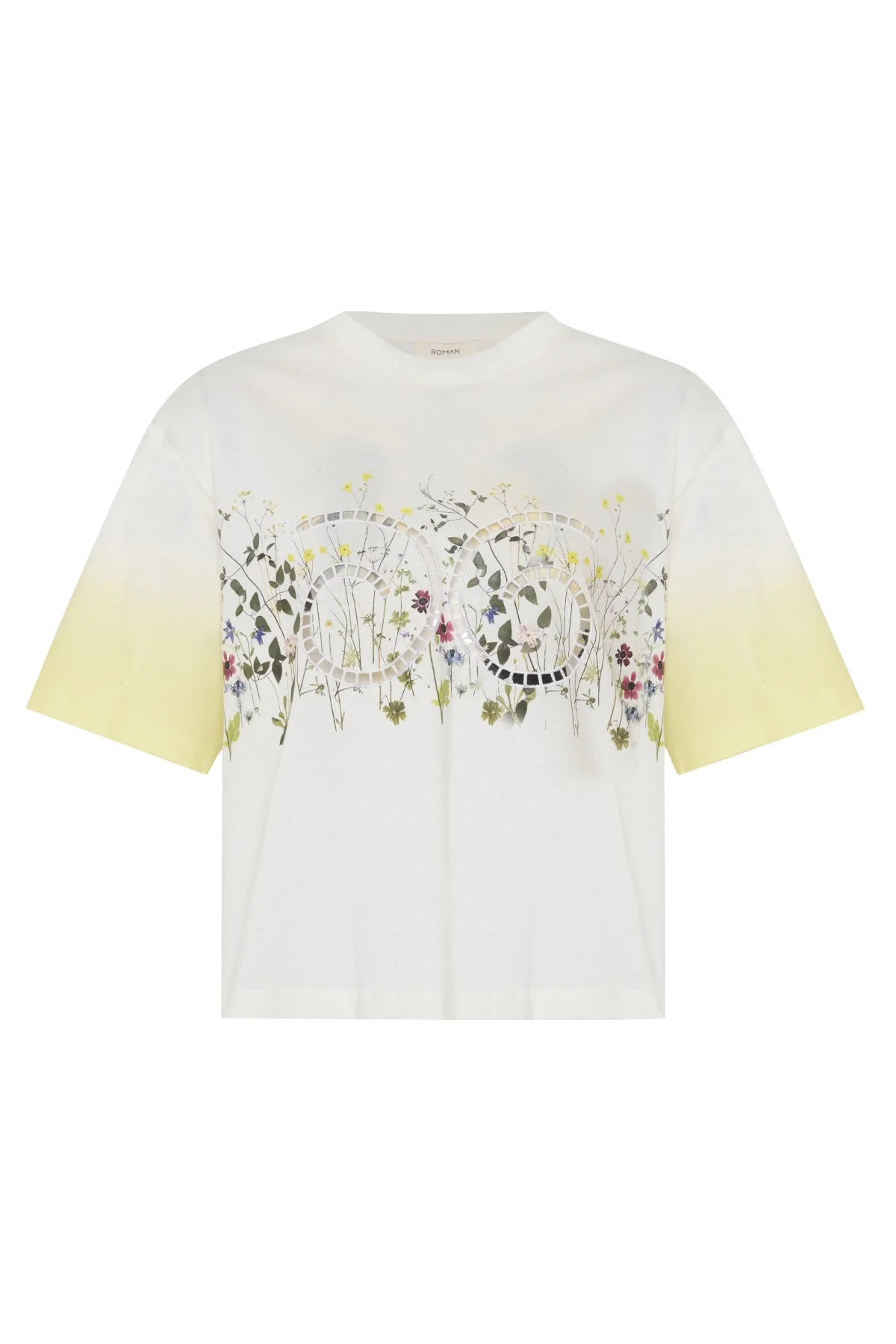 Çiçek Baskılı Nakışlı T-Shirt Ekru - 3