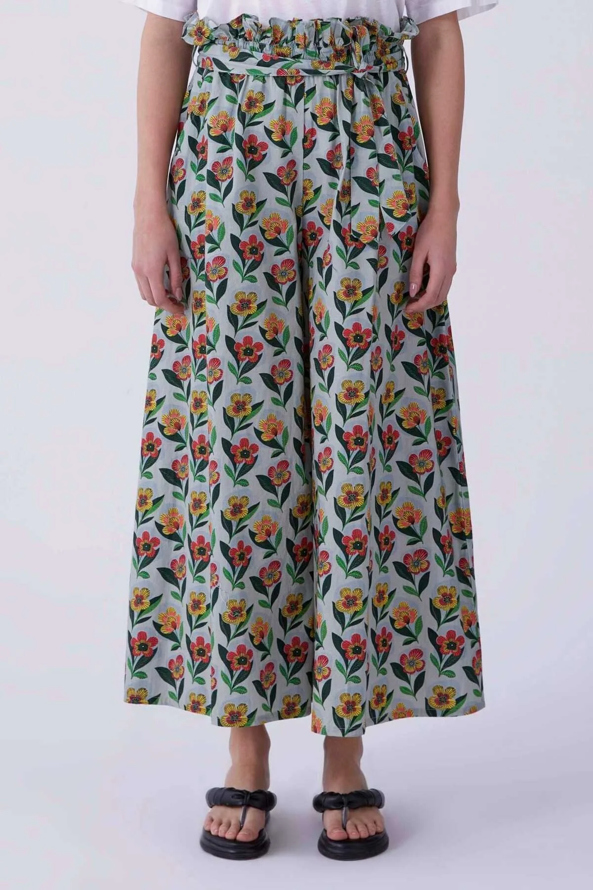 Çiçek Desenli Bol Paça Pantolon Standart Renk - 3