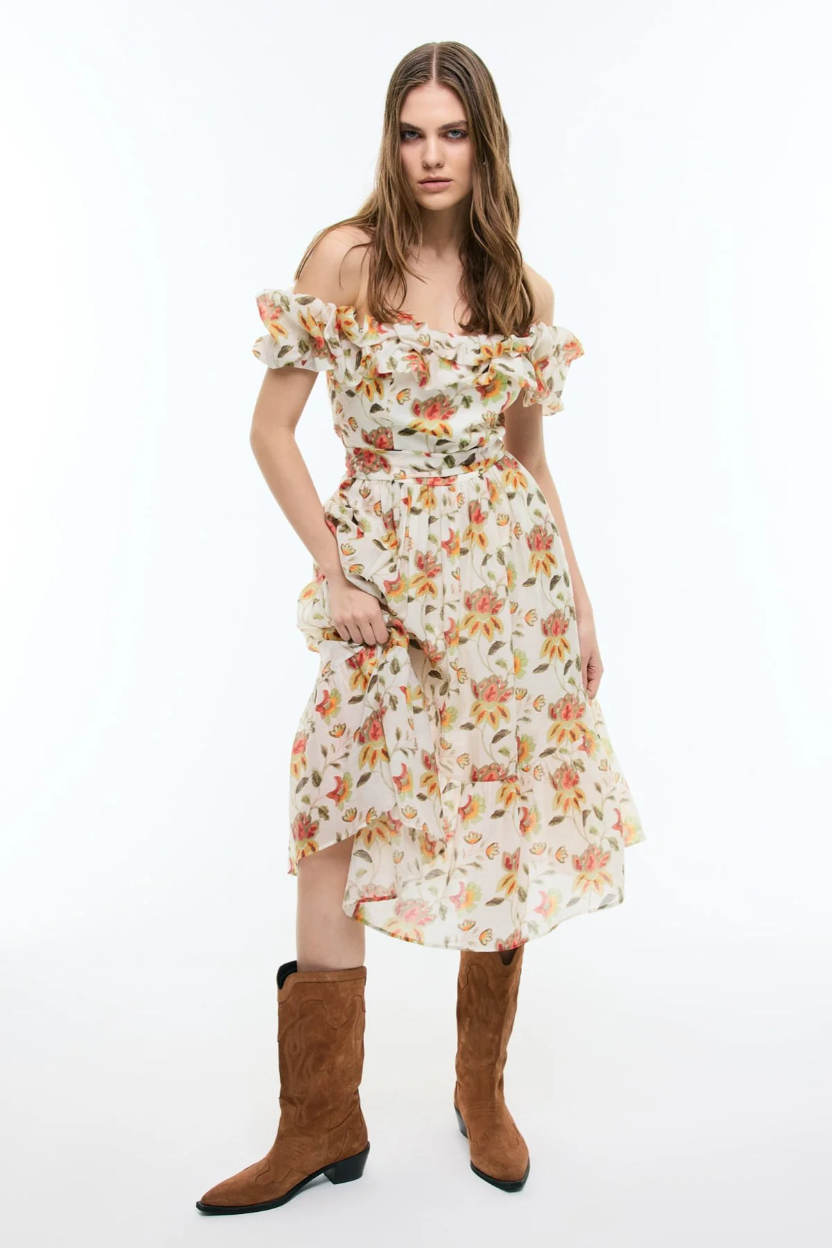 Çiçek Desenli Kayık Yaka Beli Kuşaklı Midi Boy Elbise Standart Renk - 3