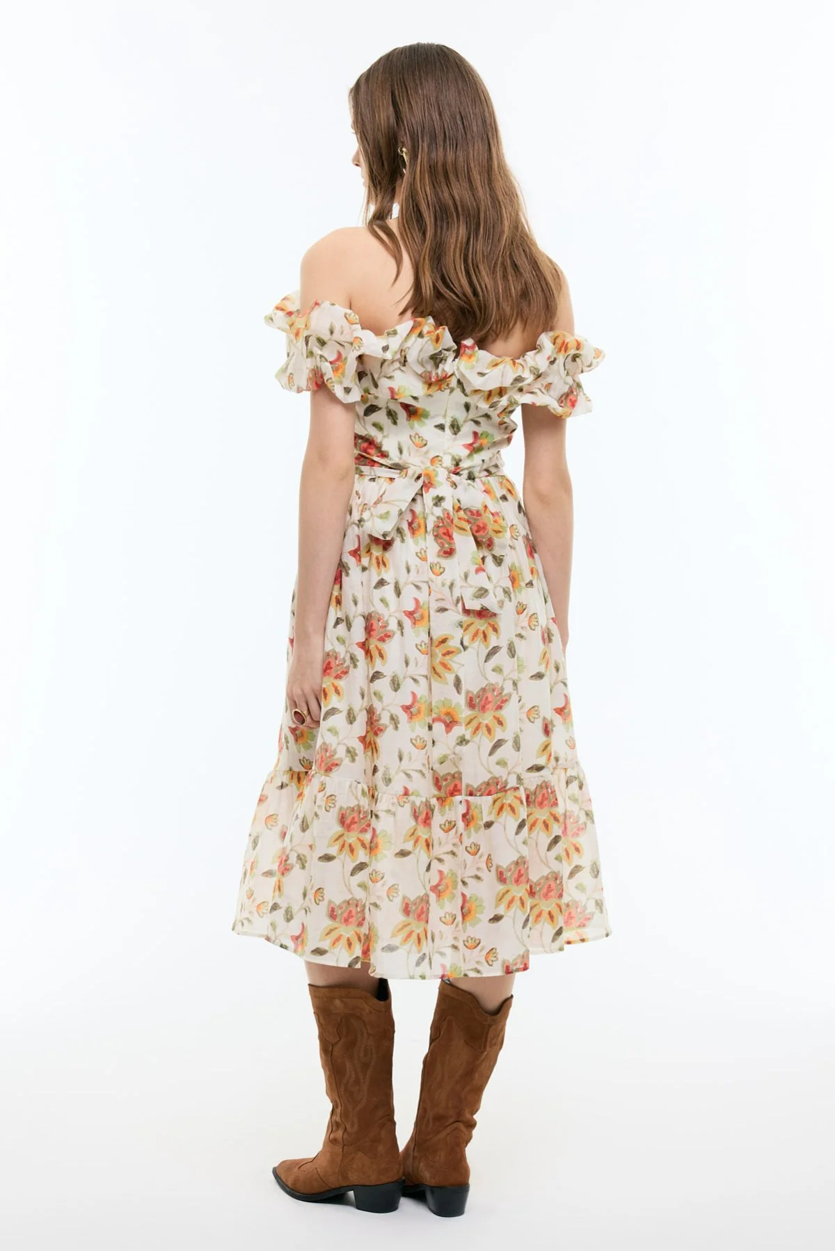 Çiçek Desenli Kayık Yaka Beli Kuşaklı Midi Boy Elbise Standart Renk - 2