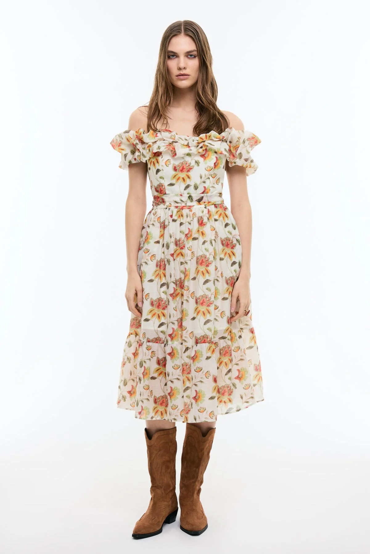 Çiçek Desenli Kayık Yaka Beli Kuşaklı Midi Boy Elbise Standart Renk - 1