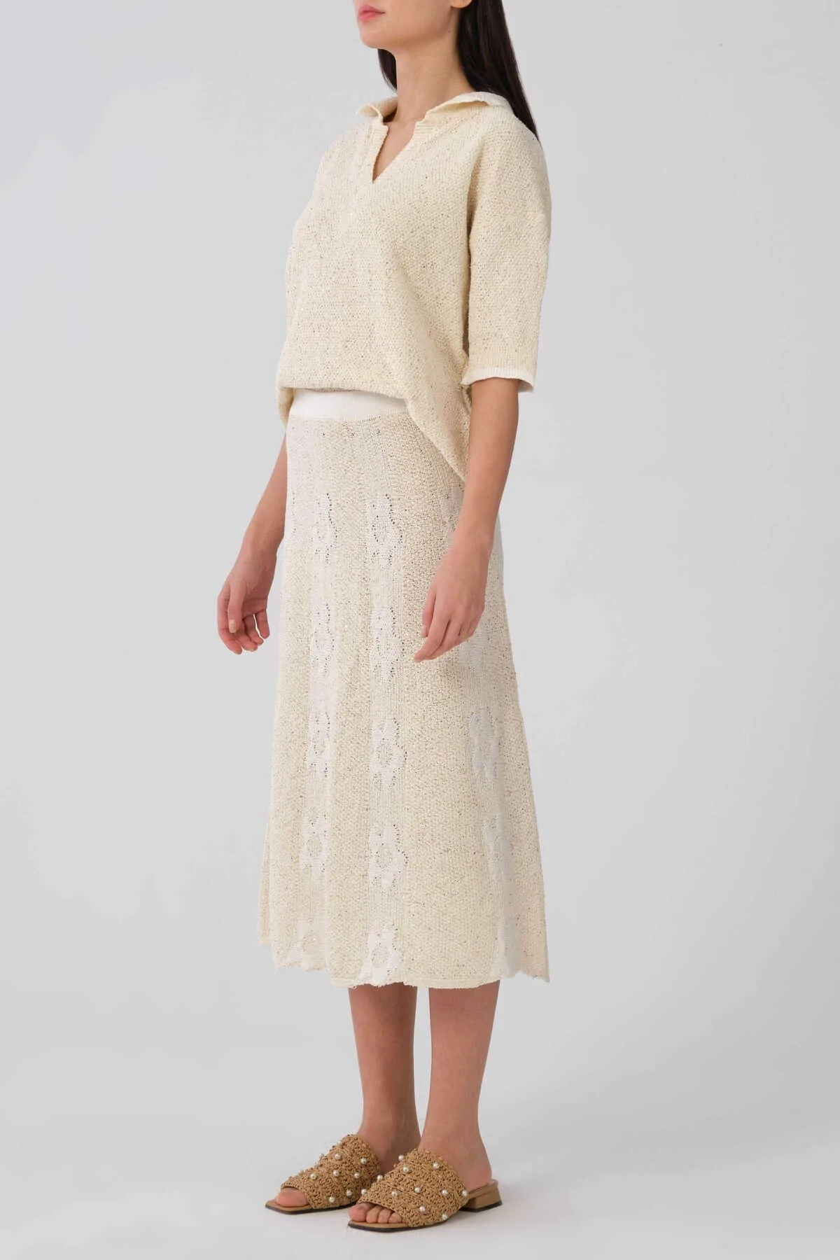 Çiçek Detaylı Naturel Triko Etek Naturel - 3