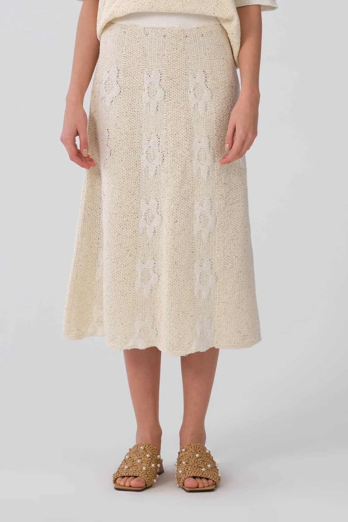 Çiçek Detaylı Naturel Triko Etek Naturel - 1