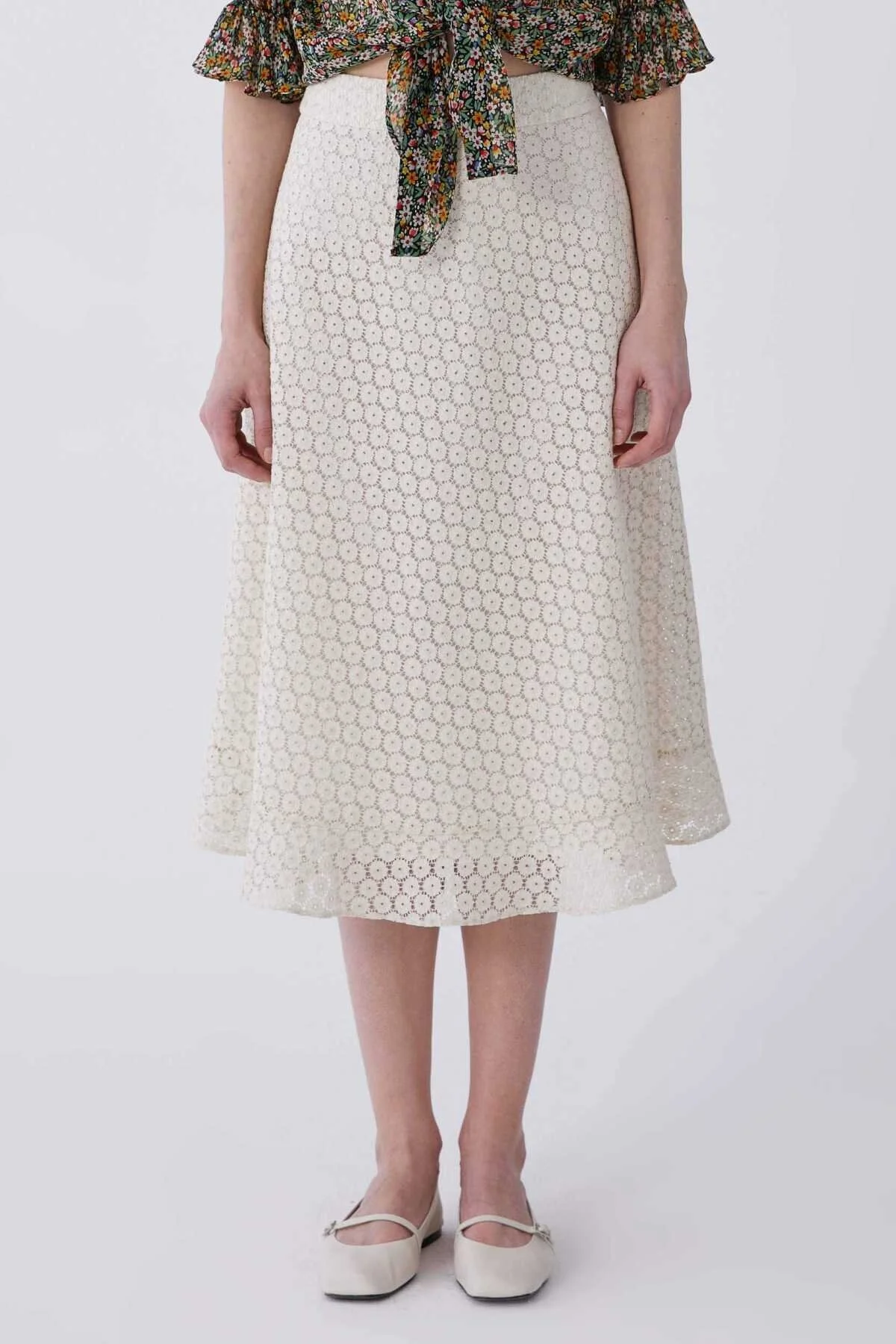 Çiçek Güpürlü Naturel Midi Etek Naturel - 1