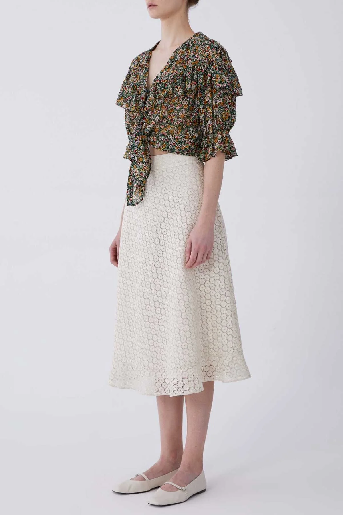 Çiçek Güpürlü Naturel Midi Etek Naturel - 3
