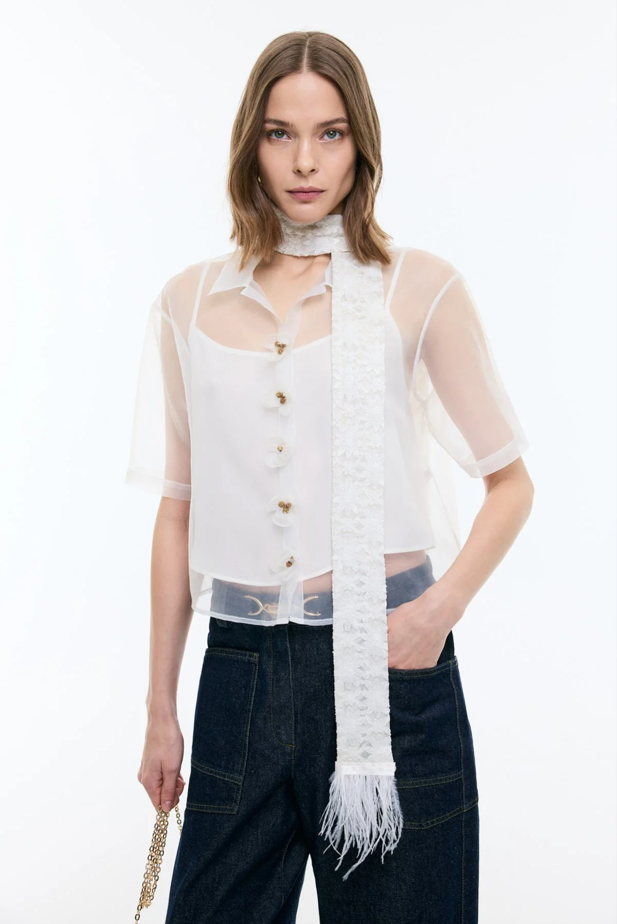 Çiçek Motifli Kısa Kol Organze Gömlek Beyaz - 1