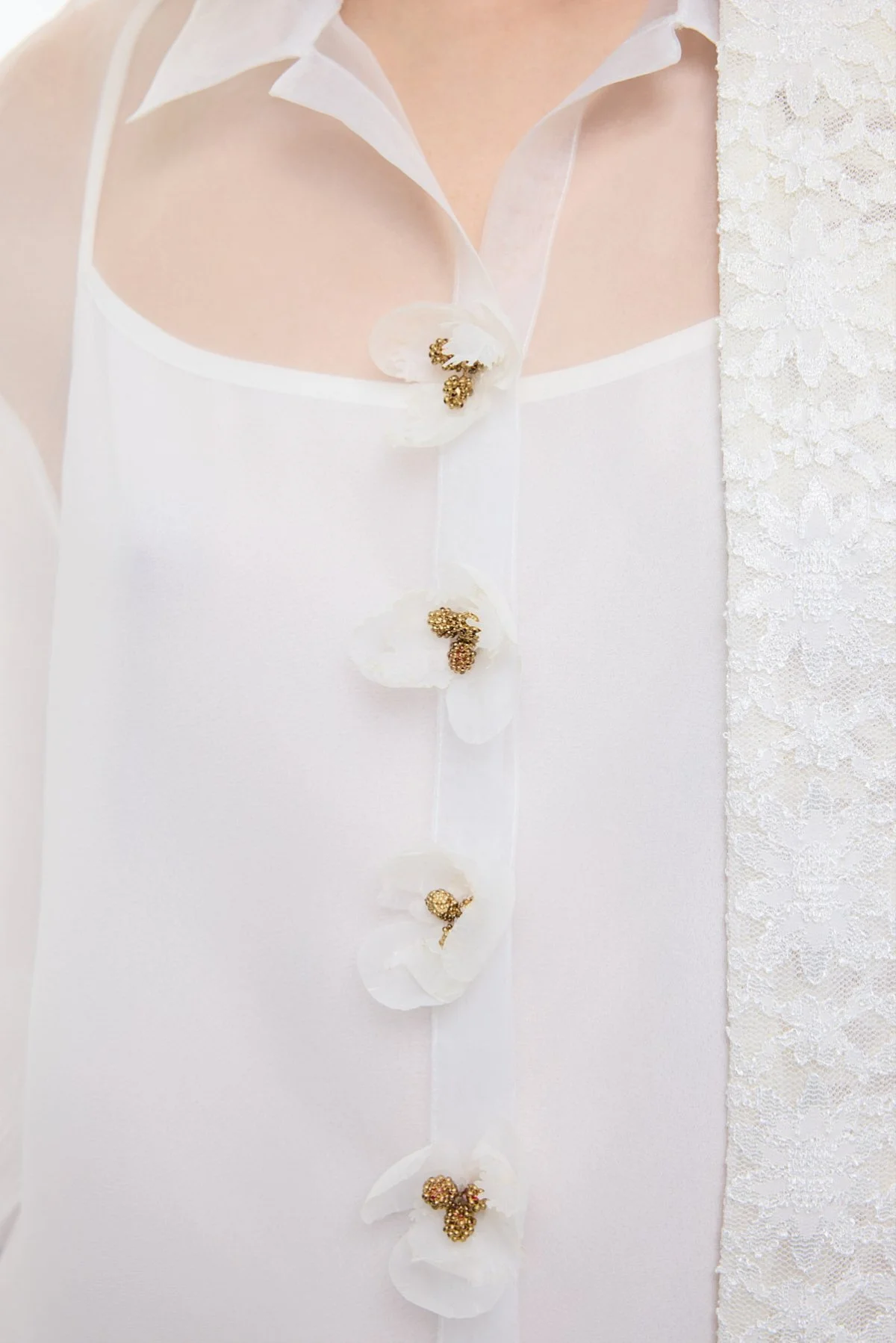 Çiçek Motifli Kısa Kol Organze Gömlek Beyaz - 3