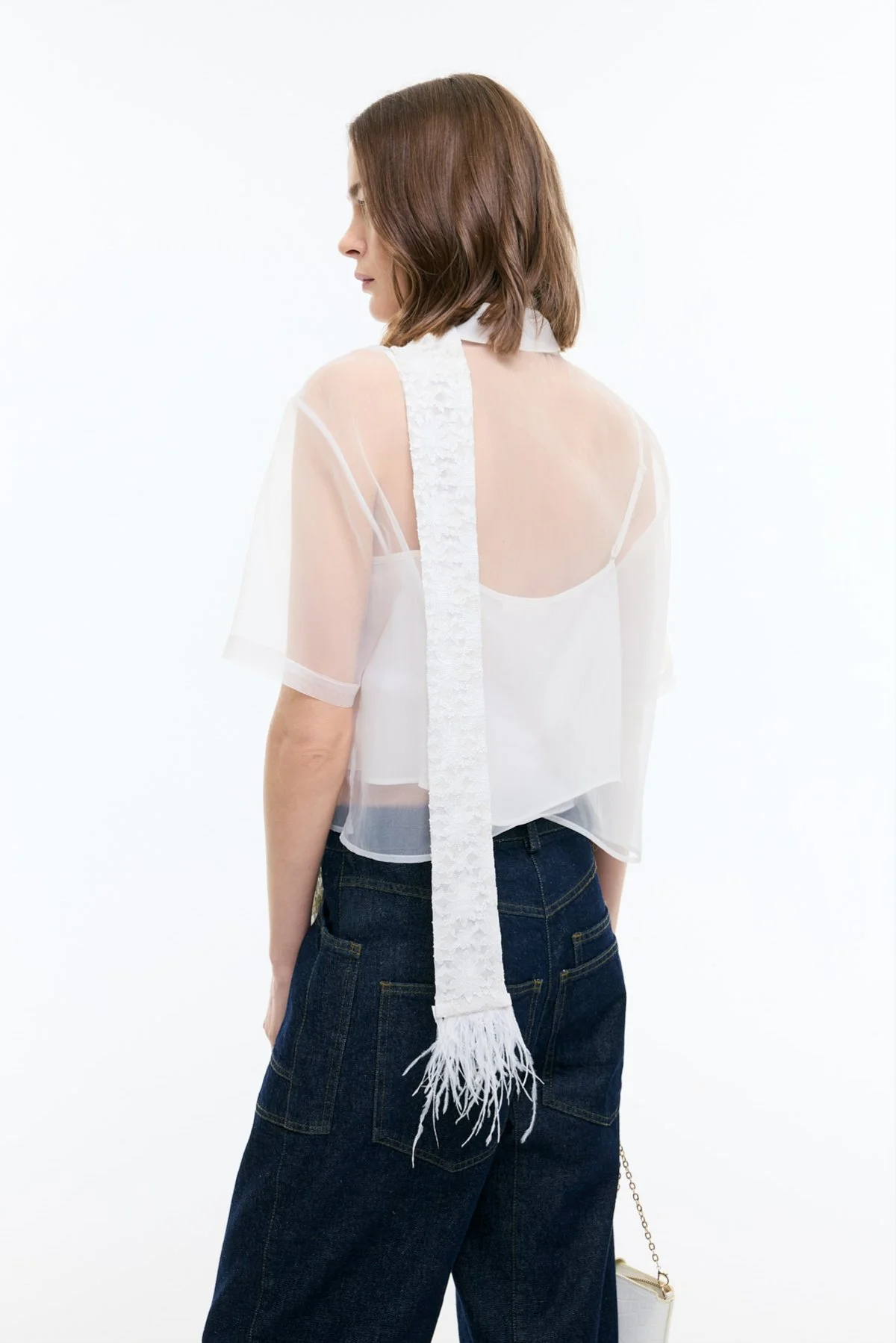 Çiçek Motifli Kısa Kol Organze Gömlek Beyaz - 2