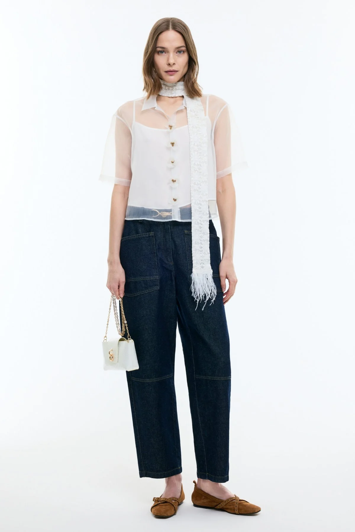 Çiçek Motifli Kısa Kol Organze Gömlek Beyaz - 4