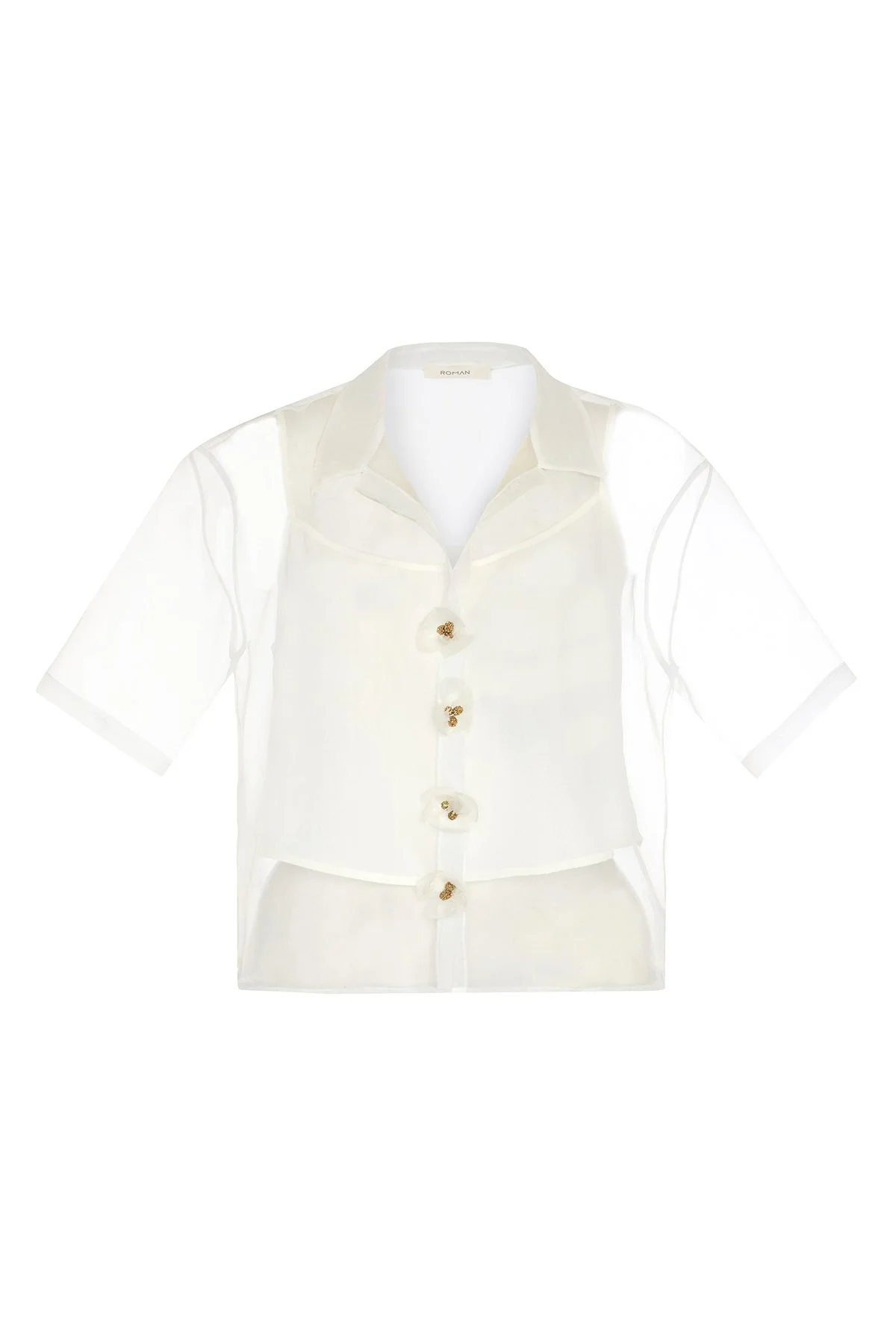 Çiçek Motifli Kısa Kol Organze Gömlek Beyaz - 5